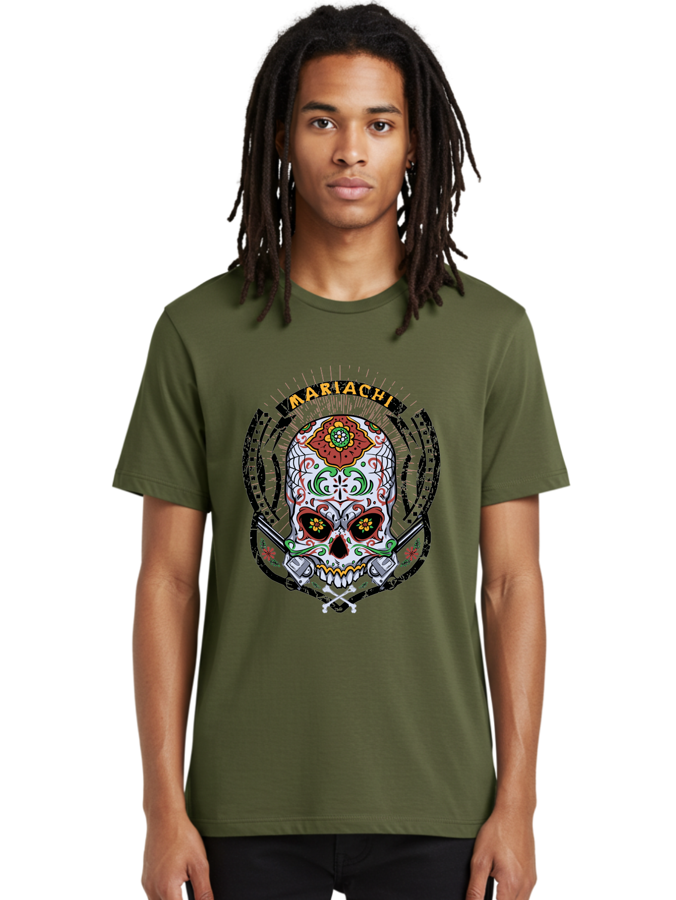 Mariachi Of The Dead Men'S Graphic Tee, 100% Cotton, Comfortable Casual Summer Wear, Machine Washable, Sugar Skull, Mariachi Theme, Floral Designs, Guns, Crossbones, Vibrant Colors, Mexican Culture, Day Of The Dead, Skull Art, Ornate Details, Aae490 10