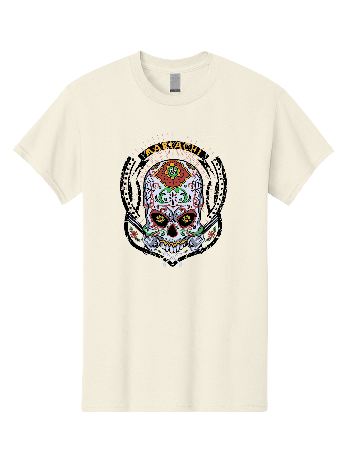 Mariachi Of The Dead Men'S Graphic Tee, 100% Cotton, Comfortable Casual Summer Wear, Machine Washable, Sugar Skull, Mariachi Theme, Floral Designs, Guns, Crossbones, Vibrant Colors, Mexican Culture, Day Of The Dead, Skull Art, Ornate Details, Aae490 13