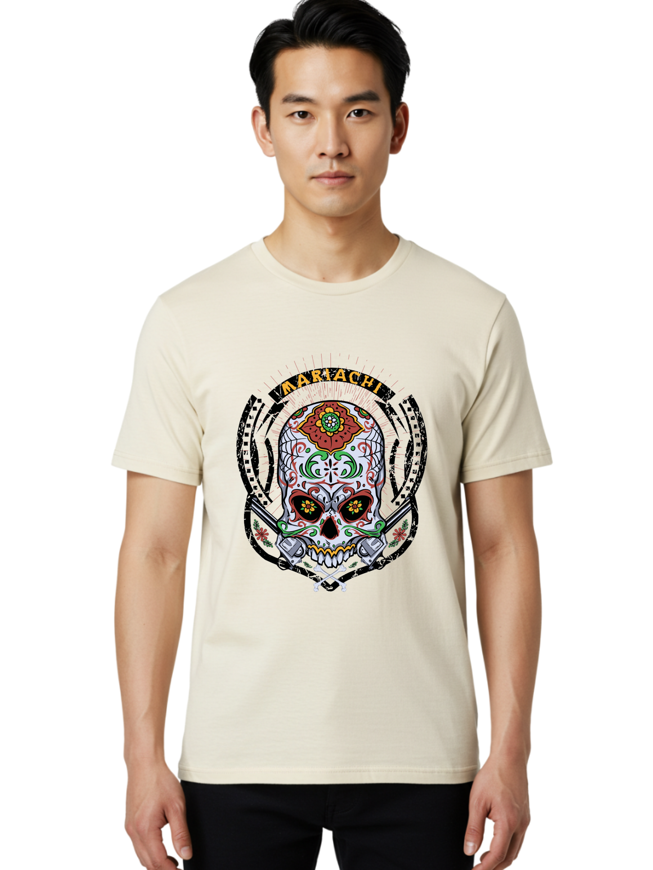 Mariachi Of The Dead Men'S Graphic Tee, 100% Cotton, Comfortable Casual Summer Wear, Machine Washable, Sugar Skull, Mariachi Theme, Floral Designs, Guns, Crossbones, Vibrant Colors, Mexican Culture, Day Of The Dead, Skull Art, Ornate Details, Aae490 14