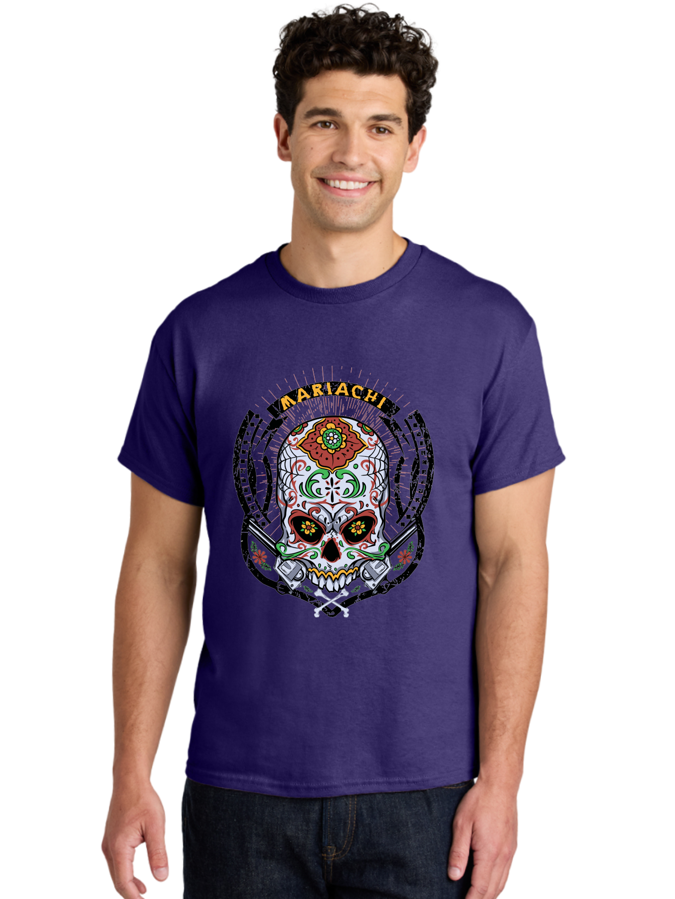 Mariachi Of The Dead Men'S Graphic Tee, 100% Cotton, Comfortable Casual Summer Wear, Machine Washable, Sugar Skull, Mariachi Theme, Floral Designs, Guns, Crossbones, Vibrant Colors, Mexican Culture, Day Of The Dead, Skull Art, Ornate Details, Aae490 30