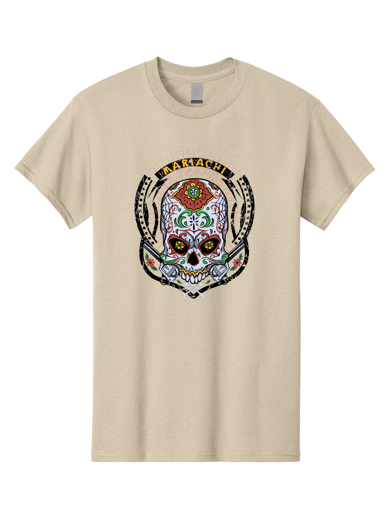 Mariachi Of The Dead Men'S Graphic Tee, 100% Cotton, Comfortable Casual Summer Wear, Machine Washable, Sugar Skull, Mariachi Theme, Floral Designs, Guns, Crossbones, Vibrant Colors, Mexican Culture, Day Of The Dead, Skull Art, Ornate Details, Aae490 17