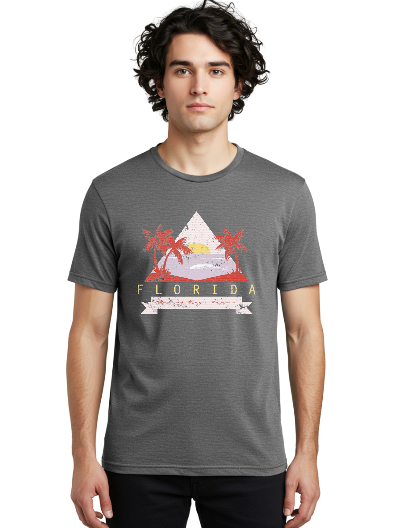 Miamibeach Men'S Graphic Tee, 100% Cotton, Comfortable Casual Summer Wear, Machine Washable, Florida Graphic, Retro Design, Tropical Paradise, Palm Trees, Sun Setting Over Ocean, Vintage Travel Poster, T-Shirt Design, Making Magic Happen Aae498 6