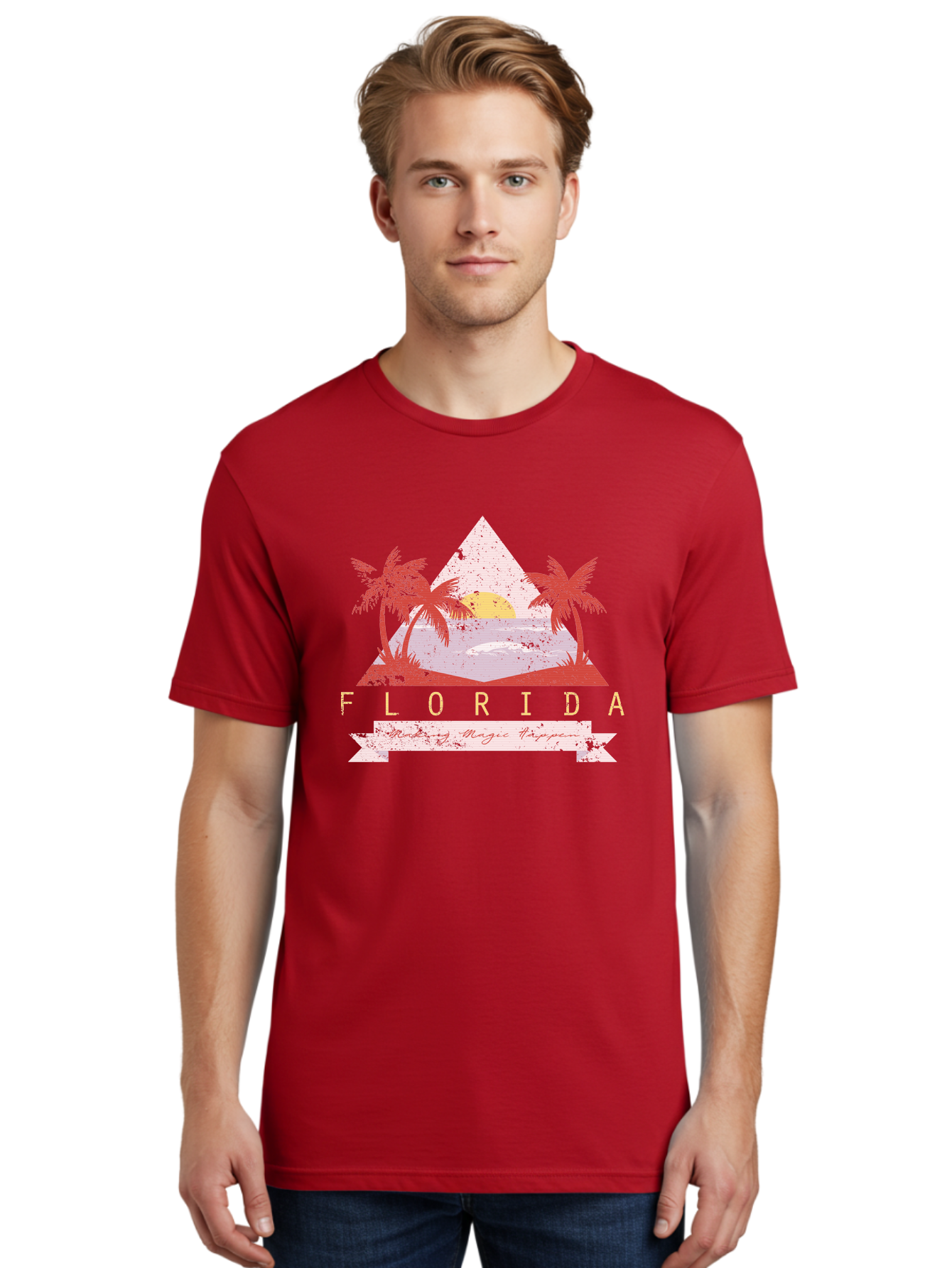 Miamibeach Men'S Graphic Tee, 100% Cotton, Comfortable Casual Summer Wear, Machine Washable, Florida Graphic, Retro Design, Tropical Paradise, Palm Trees, Sun Setting Over Ocean, Vintage Travel Poster, T-Shirt Design, Making Magic Happen Aae498 4