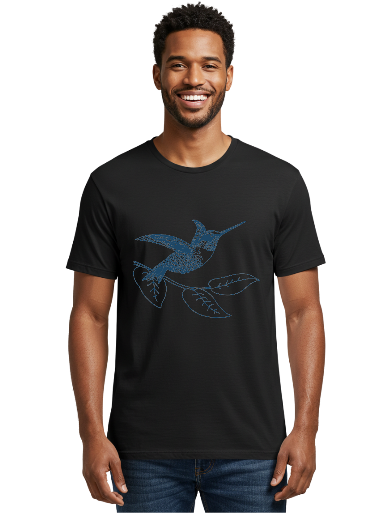 Midnight Colibri Men'S Graphic Tee, 100% Cotton, Comfortable Casual Summer Wear, Machine Washable, Hummingbird In Flight, Bird On Branch, Nature Illustration, Wildlife Art, Avian Design, Intricate Details, Simple Lines Aae502 28