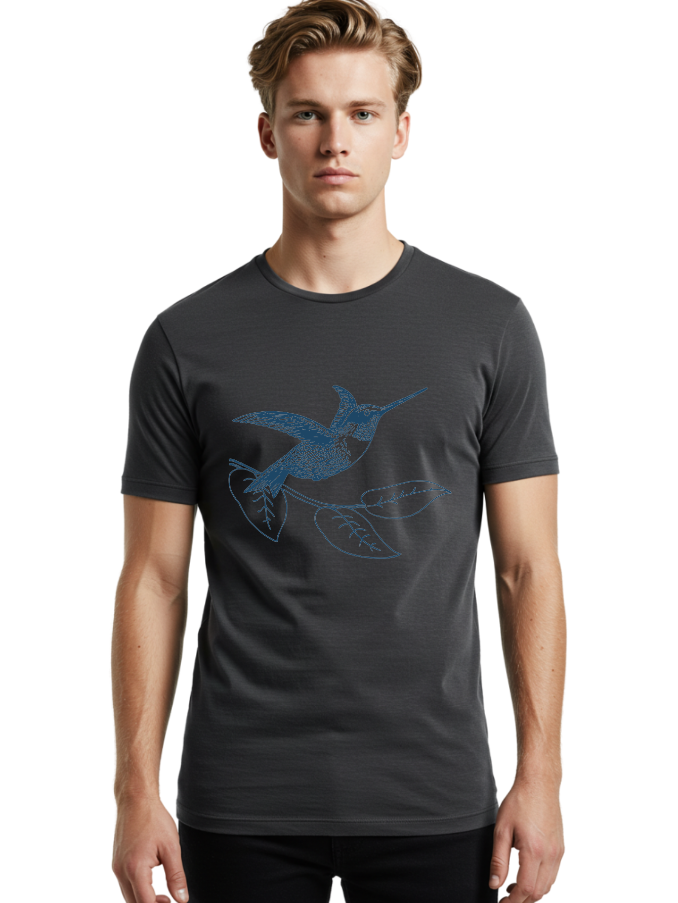 Midnight Colibri Men'S Graphic Tee, 100% Cotton, Comfortable Casual Summer Wear, Machine Washable, Hummingbird In Flight, Bird On Branch, Nature Illustration, Wildlife Art, Avian Design, Intricate Details, Simple Lines Aae502 16