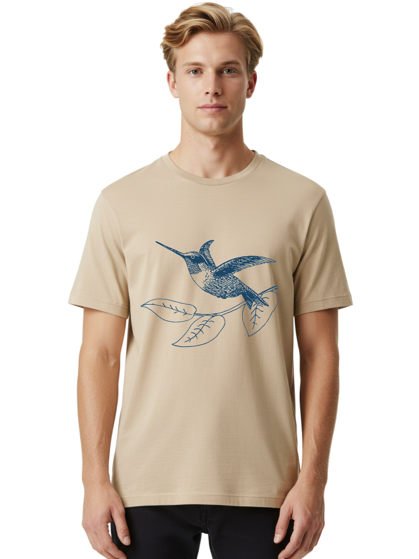 Midnight Colibri 2 Men'S Graphic Tee, 100% Cotton, Comfortable Casual Summer Wear, Machine Washable, Hummingbird Perched On Branch, Line Art, Minimalist Design, Simple Shapes, Bird In Flight, Leaves, Natural Elements, Illustration Art, Aae503 22