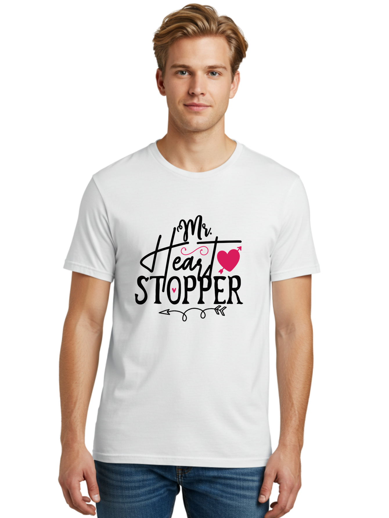 Mr. Heart Stopper Men'S Graphic Tee, 100% Cotton, Comfortable Casual Summer Wear, Machine Washable, Heartstopper, Love Quote, Heartwarming Phrase, Cute Design, Mr. Heartstopper, Arrow Symbol, Pink Heart, Romantic Gesture Aae514 8