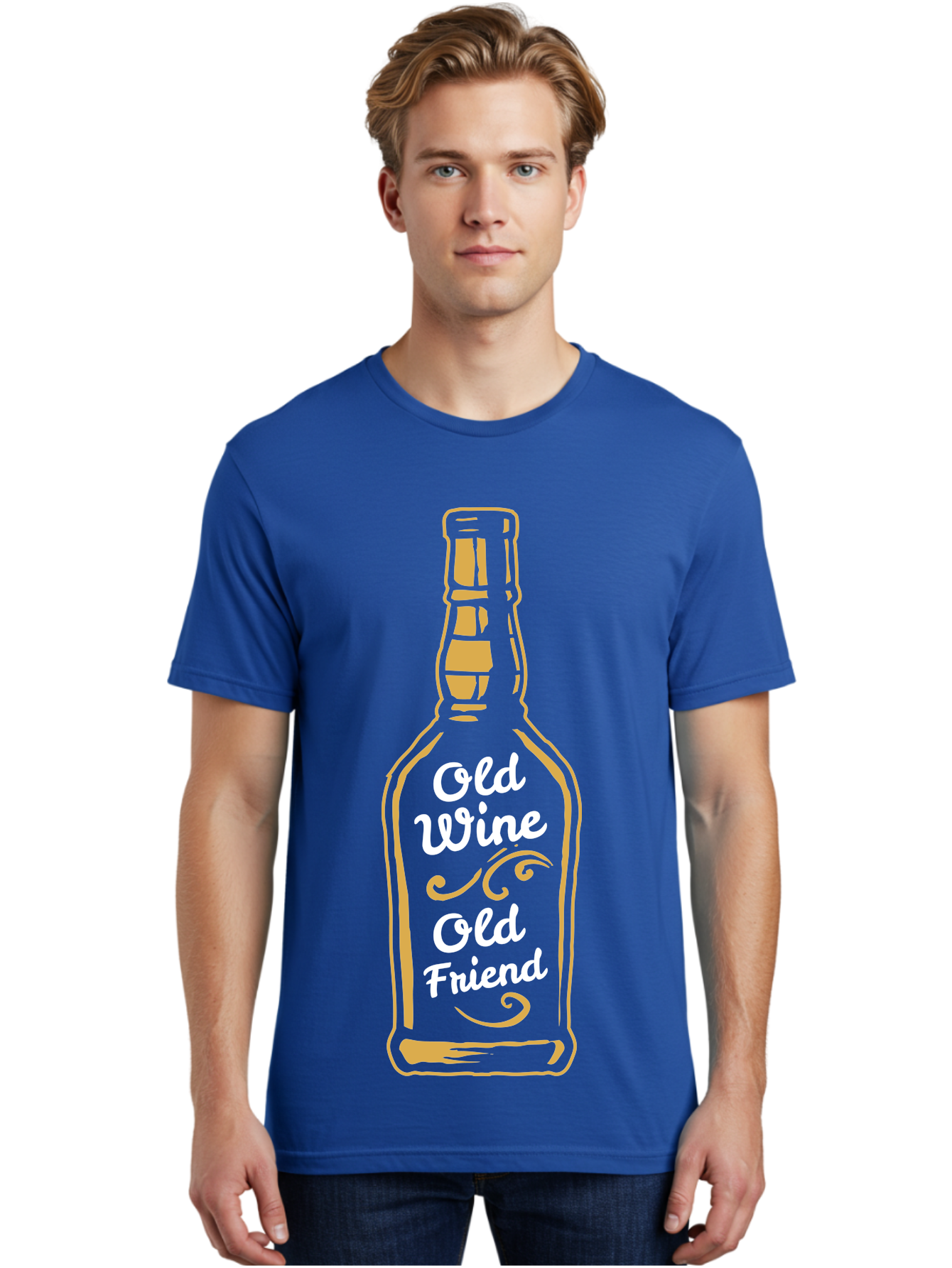Old Wine Old Friend Men'S Graphic Tee, 100% Cotton, Comfortable Casual Summer Wear, Machine Washable, Wine Bottle Graphic, Old Wine Old Friend, Friendship Quote, Wine Lover Gift, Vintage Style Illustration, Wine Appreciation, Wine Bottle Art Aae557 2
