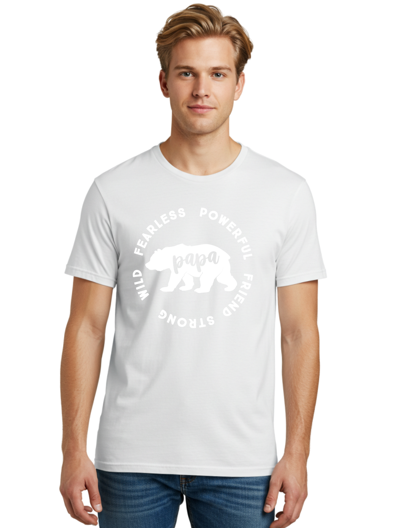 Papa Bear White Men'S Graphic Tee, 100% Cotton, Comfortable Casual Summer Wear, Machine Washable, Bear Silhouette, Papa Bear, Fearless, Powerful, Friendly Bear, Wild And Strong, Father'S Day Gift, Motivational Quote, Bear Design, Aae574 16