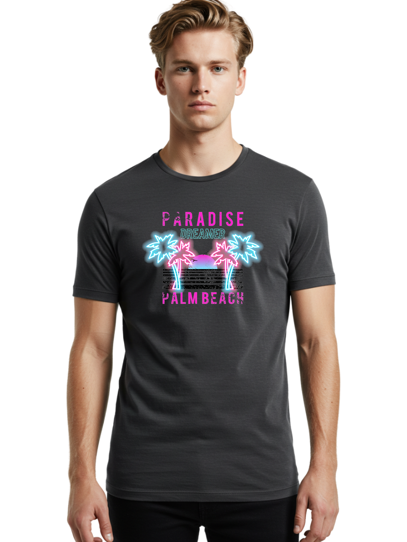 Paradise Dreamer Palm Beach -Men Men'S Graphic Tee, 100% Cotton, Comfortable Casual Summer Wear, Machine Washable, Neon Palm Trees, Tropical Getaway, Paradise Found, Dreamy Vacation, Beach Vibes, Retro Futurism, Futuristic Design, Aae576 12