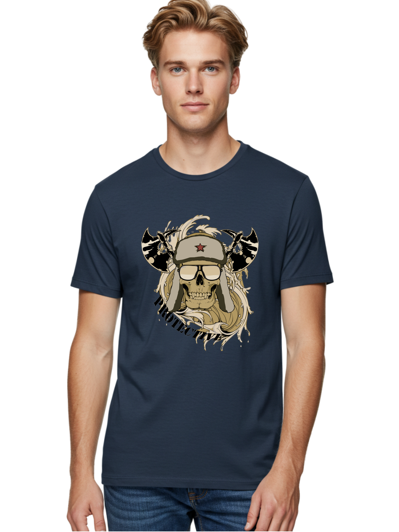 Proactive War Skull Men'S Graphic Tee, 100% Cotton, Comfortable Casual Summer Wear, Machine Washable, Skull Wearing Sunglasses, Futuristic Illustration, Fantasy Art, Edgy Design, Skull Art, Grunge Style, Punk Rock Aesthetic, Rebellious Vibe Aae588 24