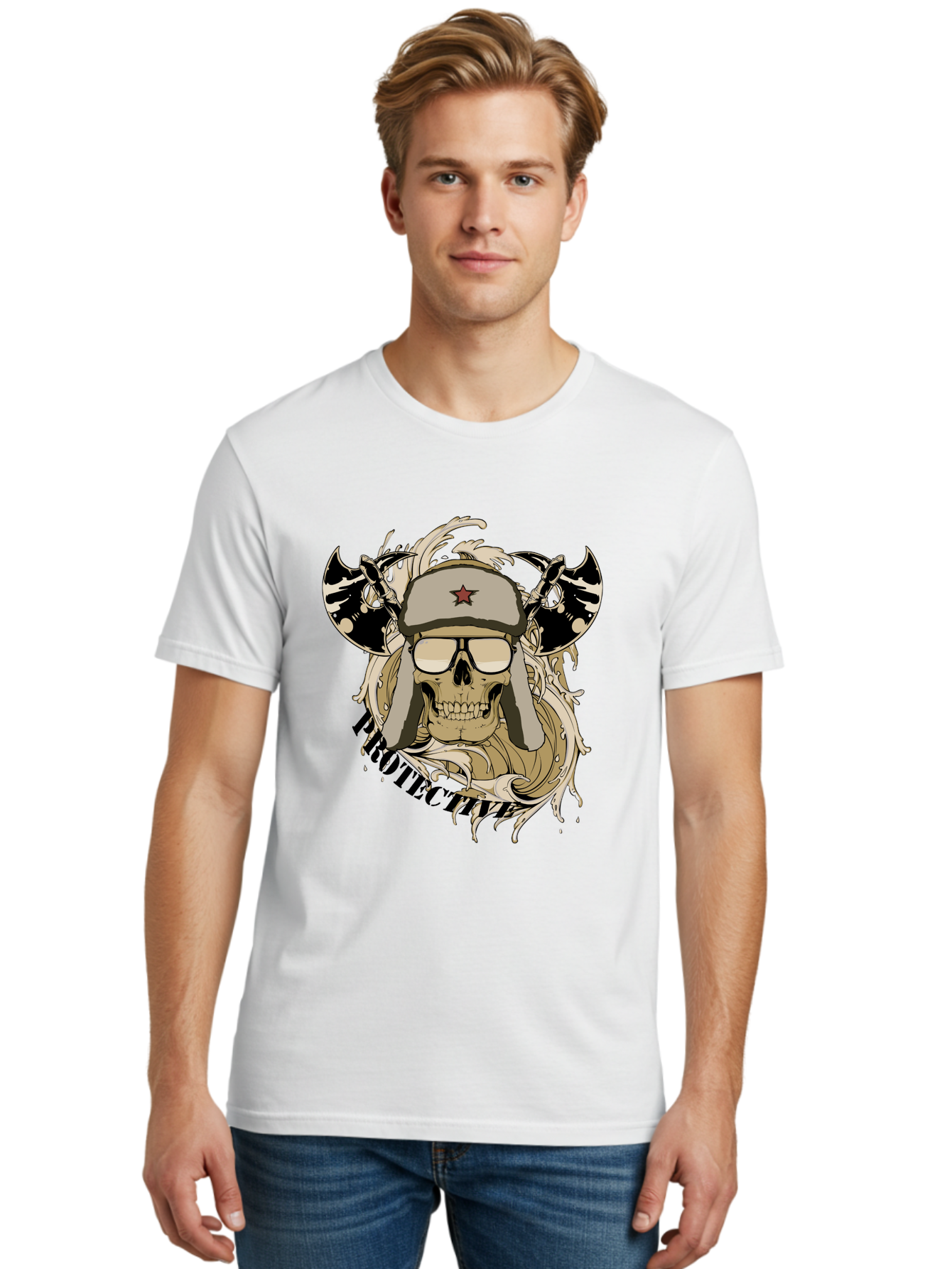 Proactive War Skull Men'S Graphic Tee, 100% Cotton, Comfortable Casual Summer Wear, Machine Washable, Skull Wearing Sunglasses, Futuristic Illustration, Fantasy Art, Edgy Design, Skull Art, Grunge Style, Punk Rock Aesthetic, Rebellious Vibe Aae588 30