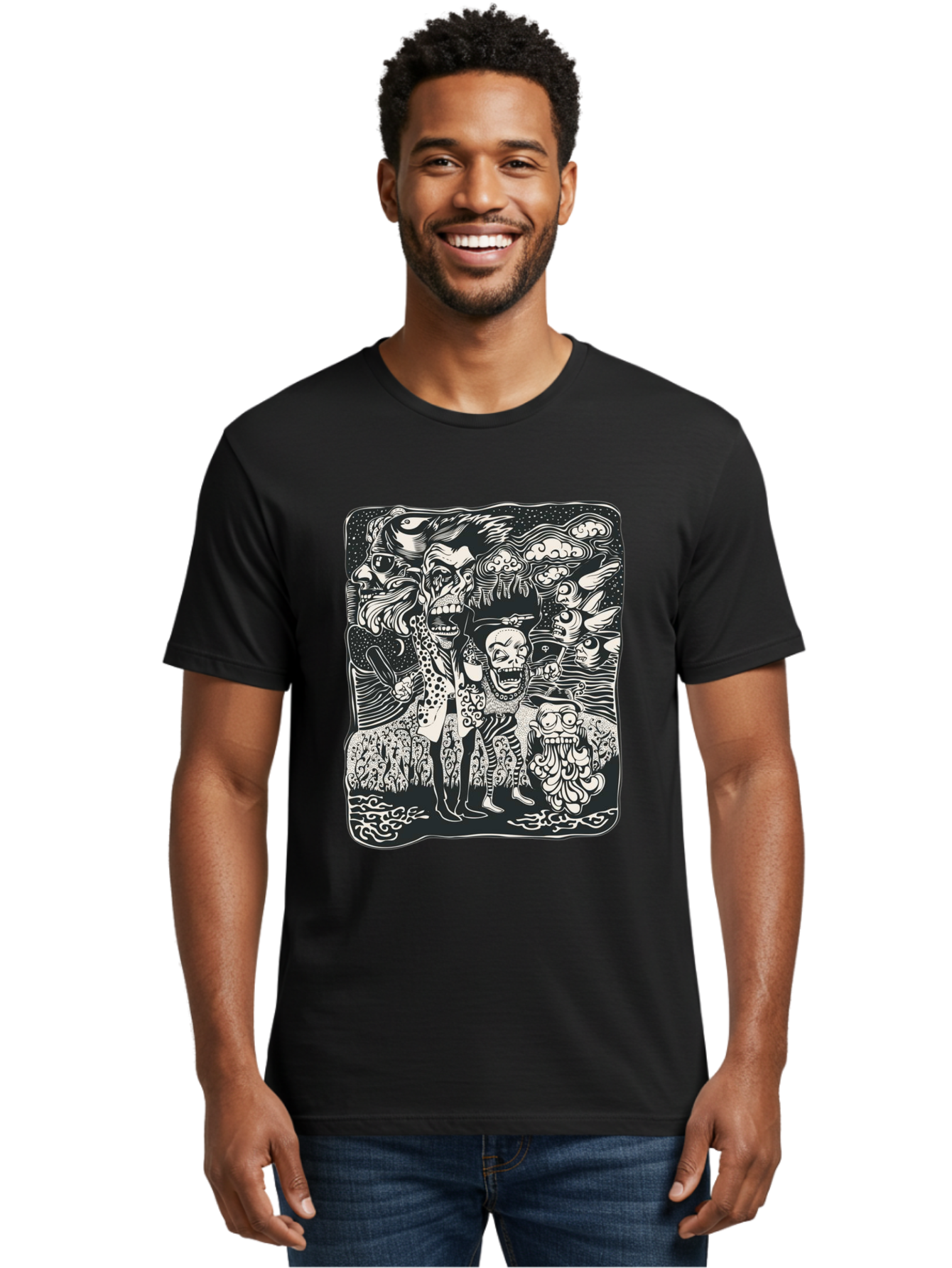 Psycho Parade Men'S Graphic Tee, 100% Cotton, Comfortable Casual Summer Wear, Machine Washable, Pirate Skeletons, Skulls, Zombies, Creepy Figures, Pirate Crew, Black And White Illustration, Detailed Artwork, Abstract Background Aae595 30