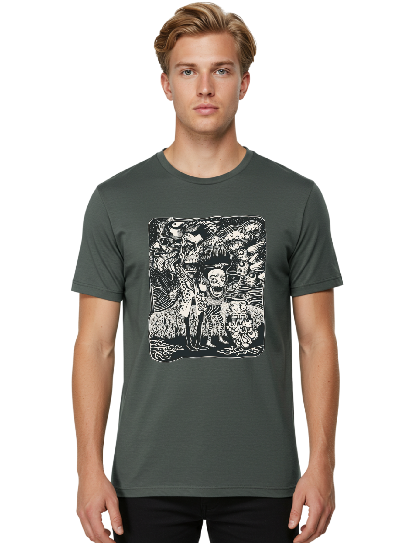 Psycho Parade Men'S Graphic Tee, 100% Cotton, Comfortable Casual Summer Wear, Machine Washable, Pirate Skeletons, Skulls, Zombies, Creepy Figures, Pirate Crew, Black And White Illustration, Detailed Artwork, Abstract Background Aae595 20