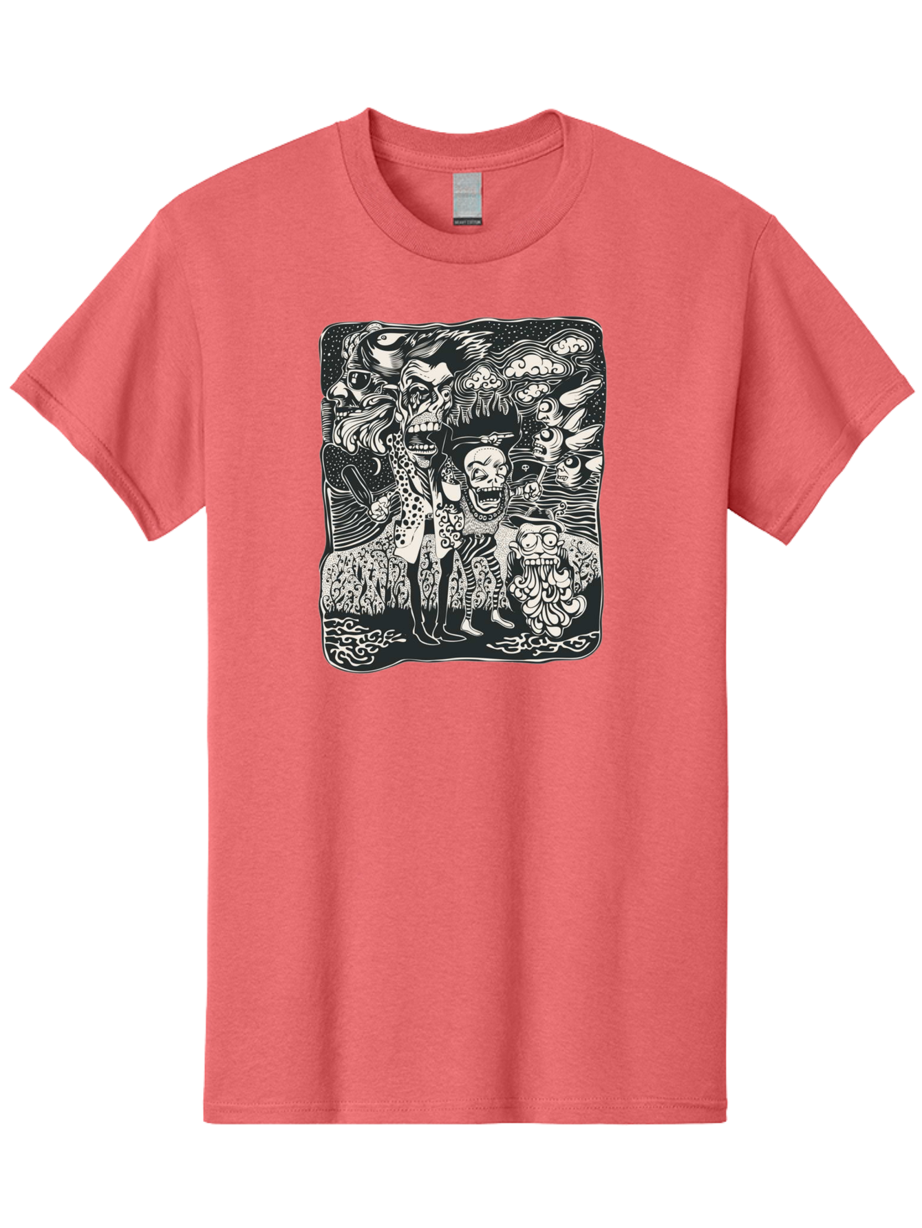 Psycho Parade Men'S Graphic Tee, 100% Cotton, Comfortable Casual Summer Wear, Machine Washable, Pirate Skeletons, Skulls, Zombies, Creepy Figures, Pirate Crew, Black And White Illustration, Detailed Artwork, Abstract Background Aae595 23