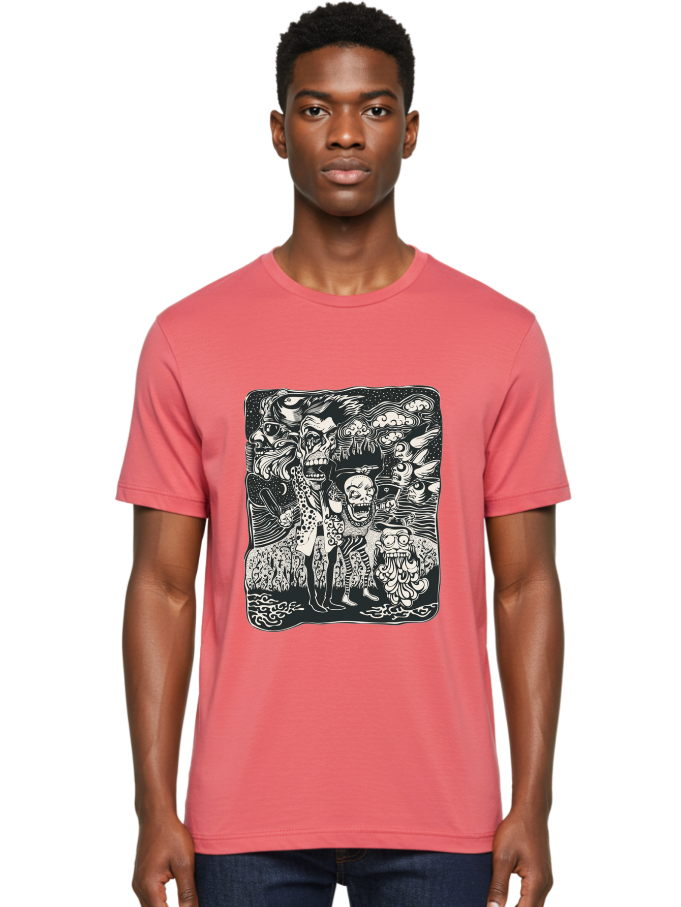 Psycho Parade Men'S Graphic Tee, 100% Cotton, Comfortable Casual Summer Wear, Machine Washable, Pirate Skeletons, Skulls, Zombies, Creepy Figures, Pirate Crew, Black And White Illustration, Detailed Artwork, Abstract Background Aae595 24