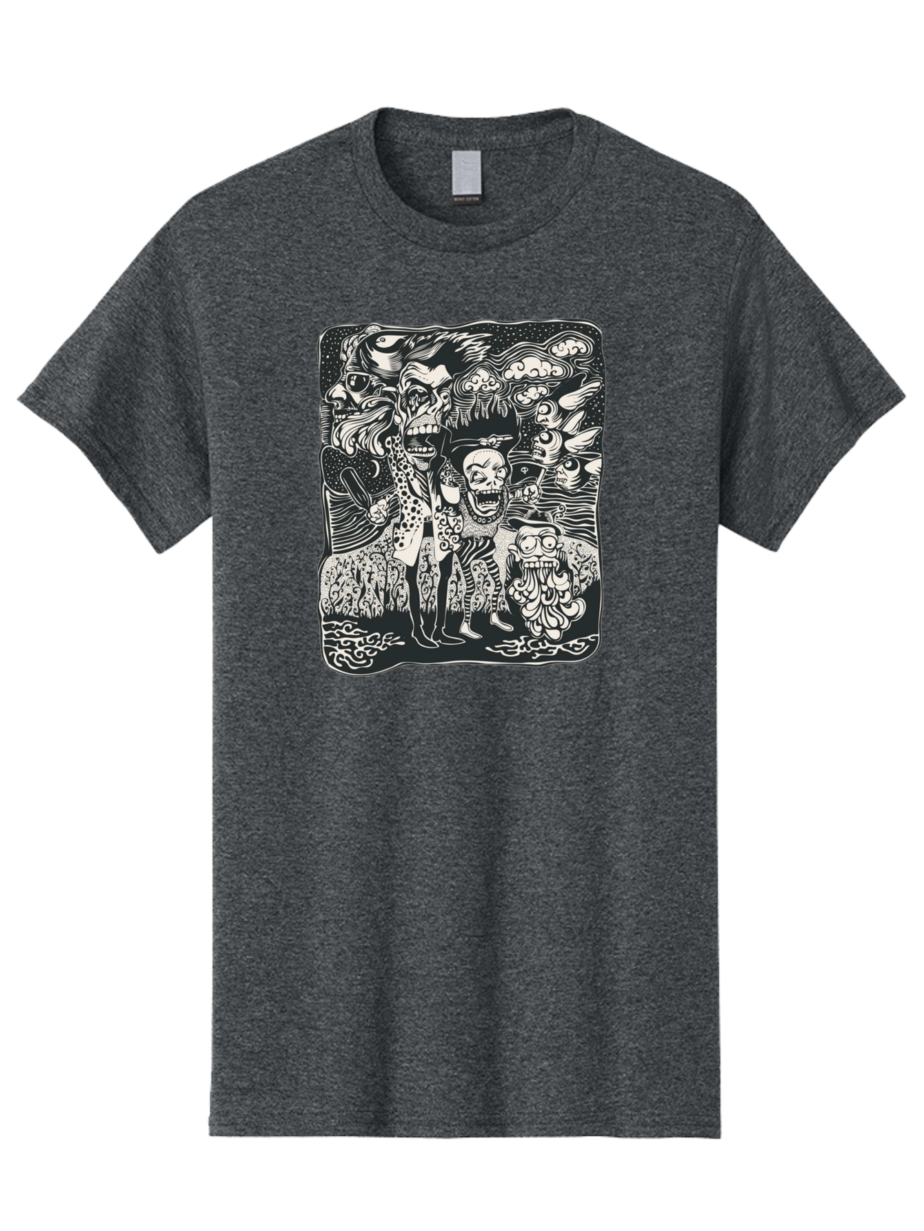 Psycho Parade Men'S Graphic Tee, 100% Cotton, Comfortable Casual Summer Wear, Machine Washable, Pirate Skeletons, Skulls, Zombies, Creepy Figures, Pirate Crew, Black And White Illustration, Detailed Artwork, Abstract Background Aae595 17