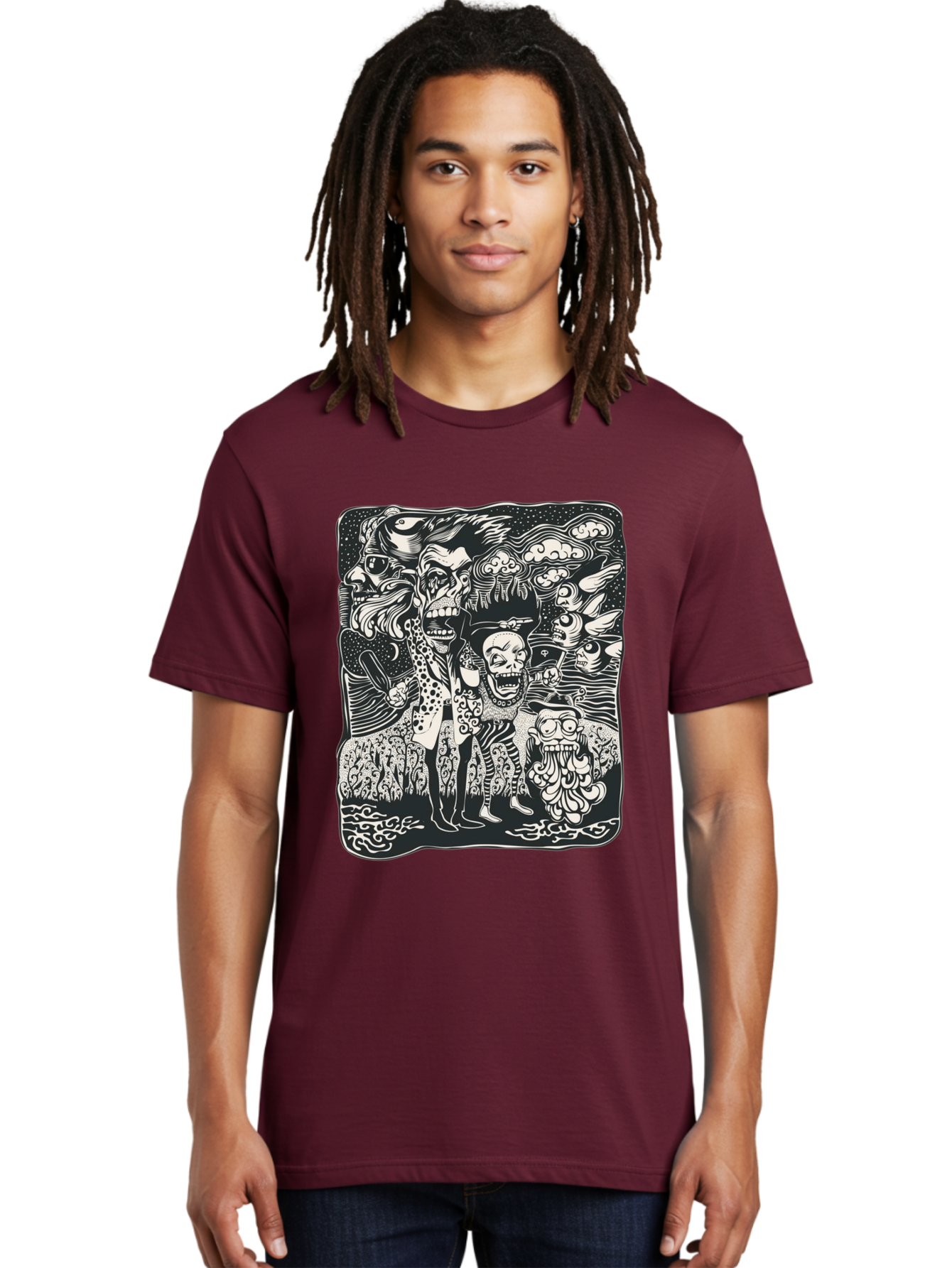 Psycho Parade Men'S Graphic Tee, 100% Cotton, Comfortable Casual Summer Wear, Machine Washable, Pirate Skeletons, Skulls, Zombies, Creepy Figures, Pirate Crew, Black And White Illustration, Detailed Artwork, Abstract Background Aae595 12