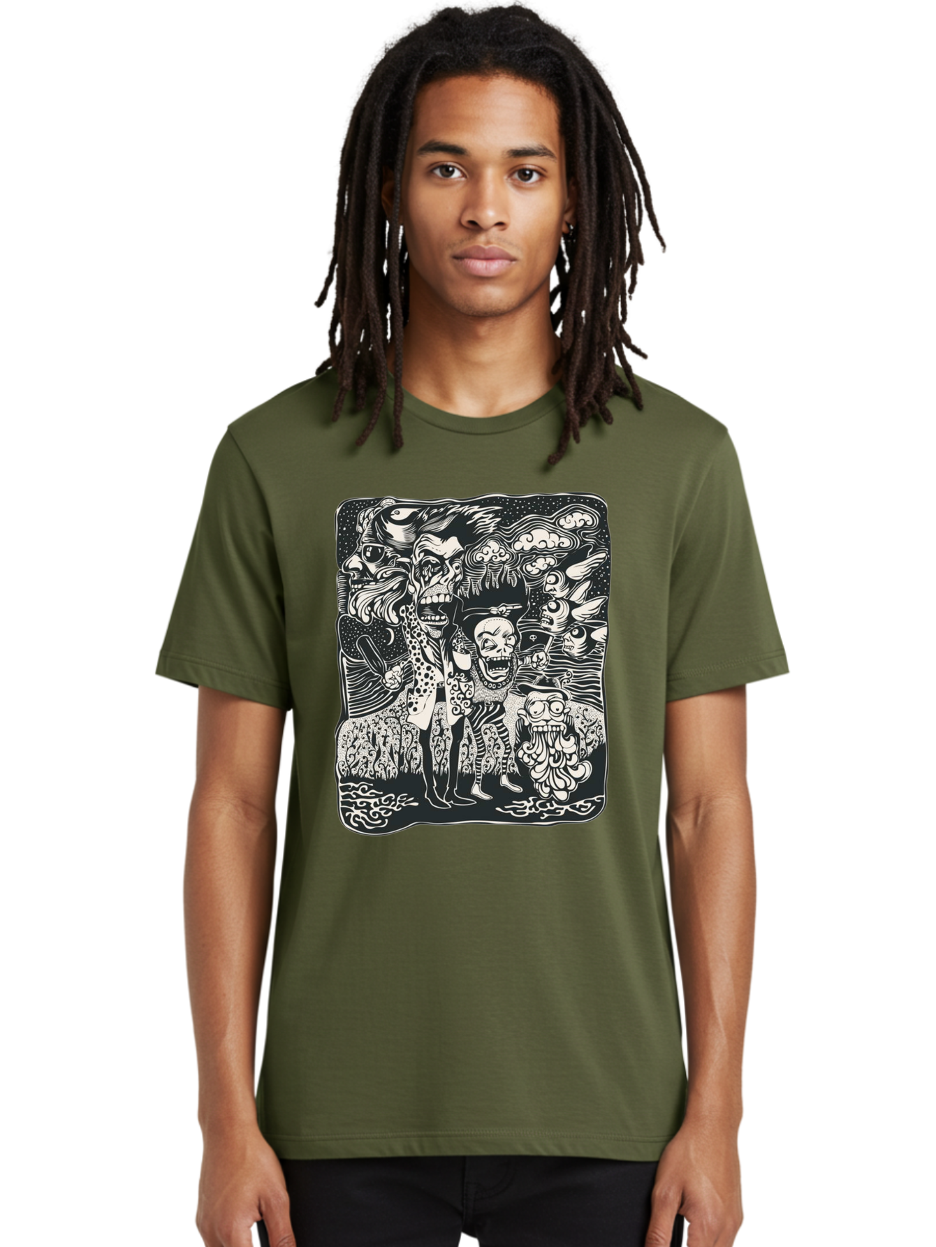 Psycho Parade Men'S Graphic Tee, 100% Cotton, Comfortable Casual Summer Wear, Machine Washable, Pirate Skeletons, Skulls, Zombies, Creepy Figures, Pirate Crew, Black And White Illustration, Detailed Artwork, Abstract Background Aae595 14
