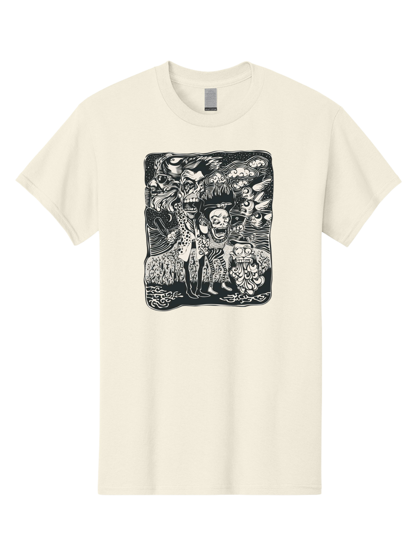 Psycho Parade Men'S Graphic Tee, 100% Cotton, Comfortable Casual Summer Wear, Machine Washable, Pirate Skeletons, Skulls, Zombies, Creepy Figures, Pirate Crew, Black And White Illustration, Detailed Artwork, Abstract Background Aae595 15
