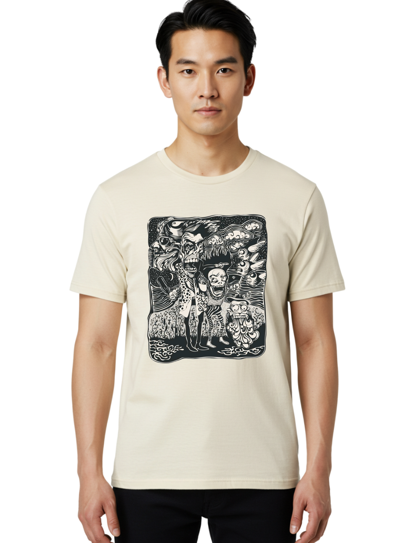 Psycho Parade Men'S Graphic Tee, 100% Cotton, Comfortable Casual Summer Wear, Machine Washable, Pirate Skeletons, Skulls, Zombies, Creepy Figures, Pirate Crew, Black And White Illustration, Detailed Artwork, Abstract Background Aae595 16