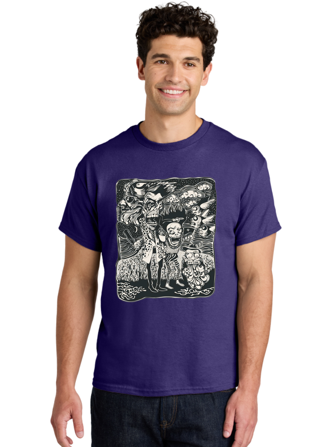Psycho Parade Men'S Graphic Tee, 100% Cotton, Comfortable Casual Summer Wear, Machine Washable, Pirate Skeletons, Skulls, Zombies, Creepy Figures, Pirate Crew, Black And White Illustration, Detailed Artwork, Abstract Background Aae595 28