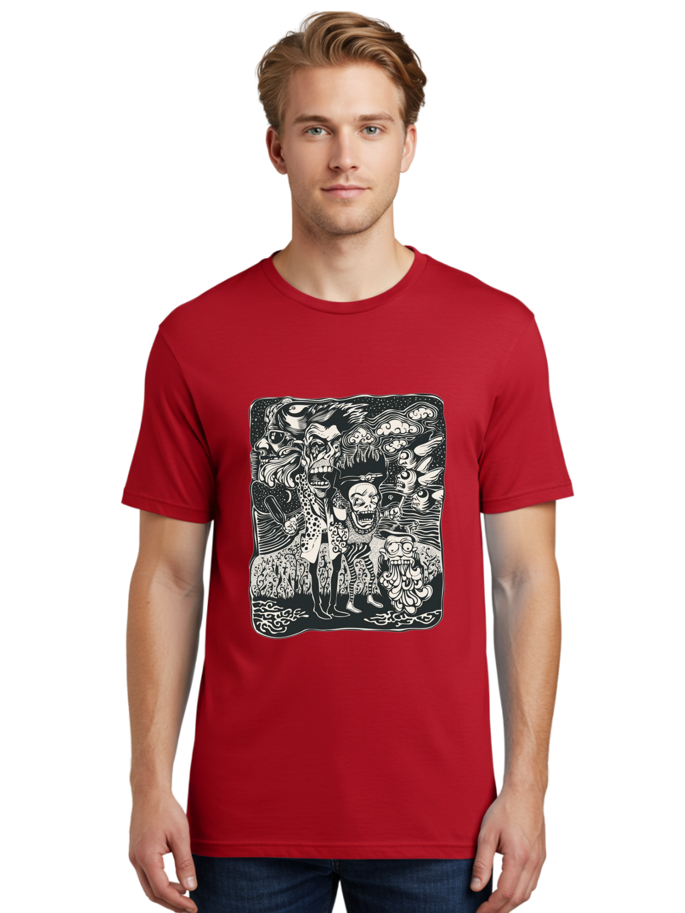 Psycho Parade Men'S Graphic Tee, 100% Cotton, Comfortable Casual Summer Wear, Machine Washable, Pirate Skeletons, Skulls, Zombies, Creepy Figures, Pirate Crew, Black And White Illustration, Detailed Artwork, Abstract Background Aae595 4