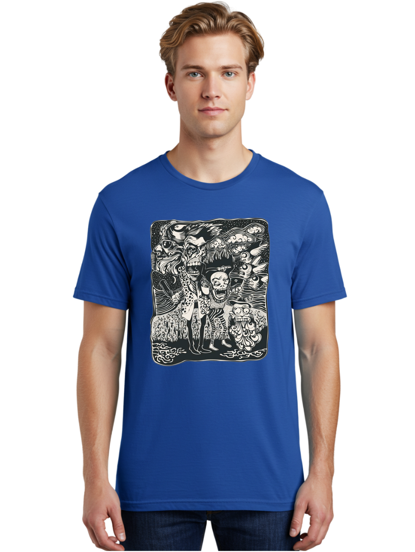 Psycho Parade Men'S Graphic Tee, 100% Cotton, Comfortable Casual Summer Wear, Machine Washable, Pirate Skeletons, Skulls, Zombies, Creepy Figures, Pirate Crew, Black And White Illustration, Detailed Artwork, Abstract Background Aae595 8