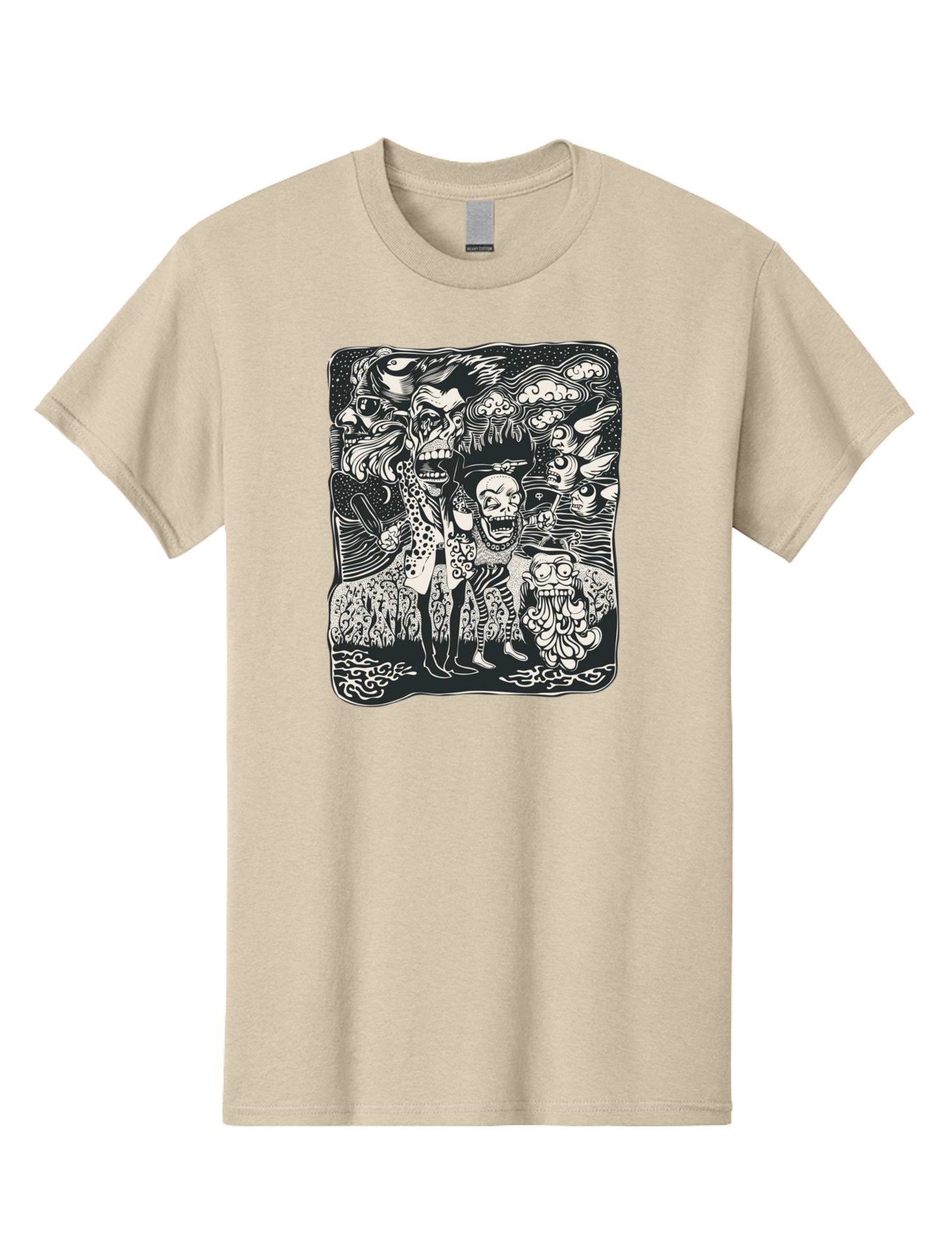 Psycho Parade Men'S Graphic Tee, 100% Cotton, Comfortable Casual Summer Wear, Machine Washable, Pirate Skeletons, Skulls, Zombies, Creepy Figures, Pirate Crew, Black And White Illustration, Detailed Artwork, Abstract Background Aae595 25