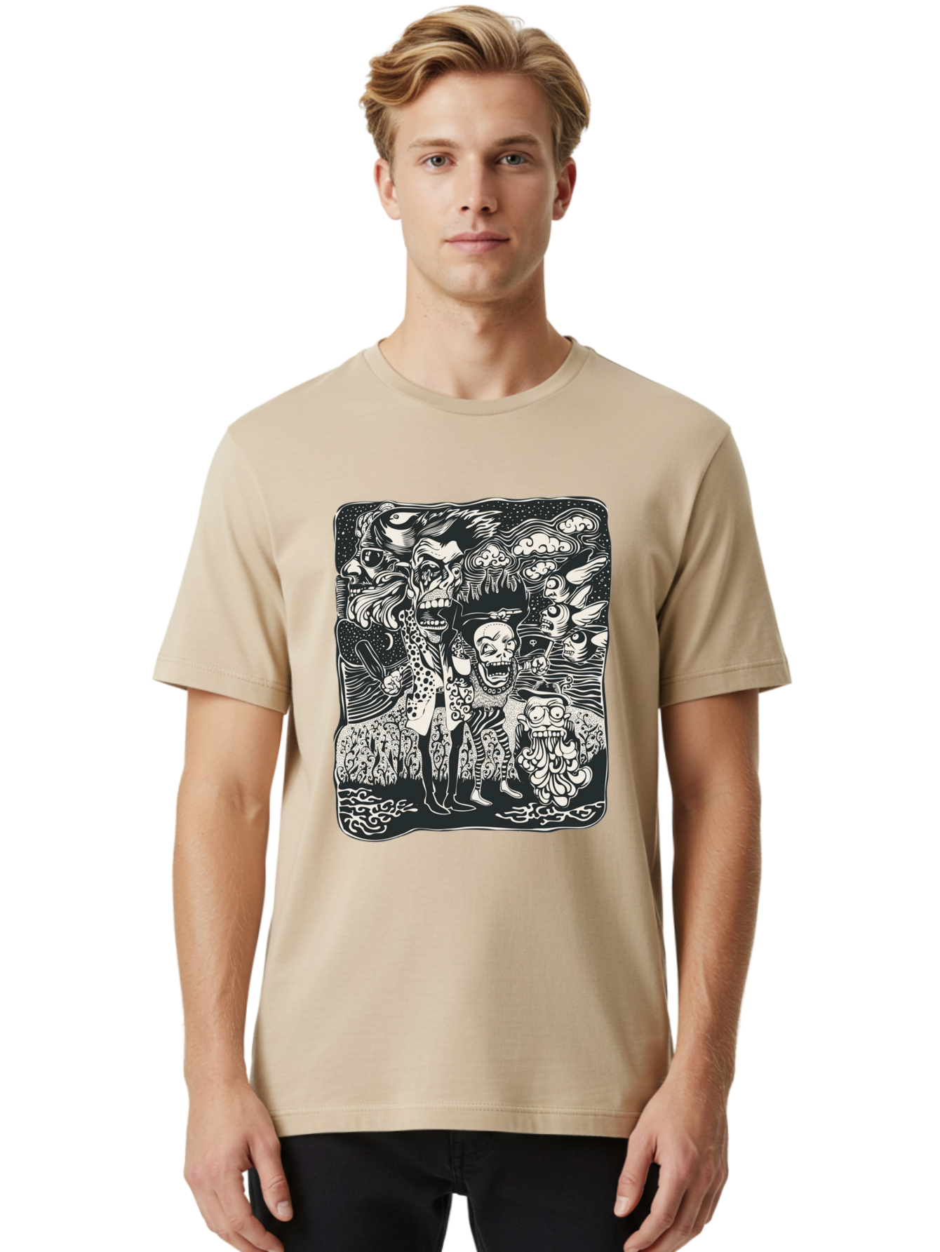 Psycho Parade Men'S Graphic Tee, 100% Cotton, Comfortable Casual Summer Wear, Machine Washable, Pirate Skeletons, Skulls, Zombies, Creepy Figures, Pirate Crew, Black And White Illustration, Detailed Artwork, Abstract Background Aae595 26