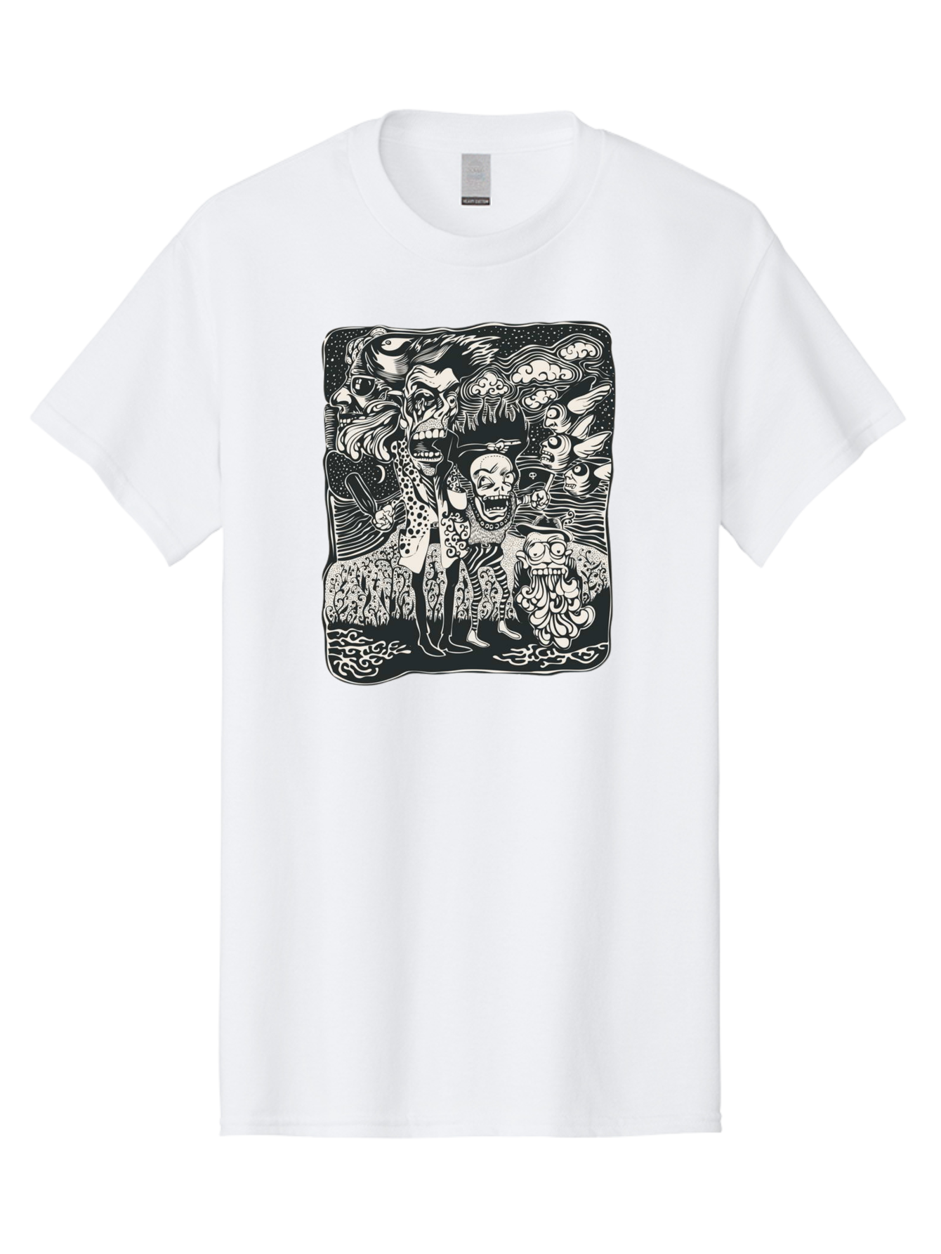 Psycho Parade Men'S Graphic Tee, 100% Cotton, Comfortable Casual Summer Wear, Machine Washable, Pirate Skeletons, Skulls, Zombies, Creepy Figures, Pirate Crew, Black And White Illustration, Detailed Artwork, Abstract Background Aae595 21