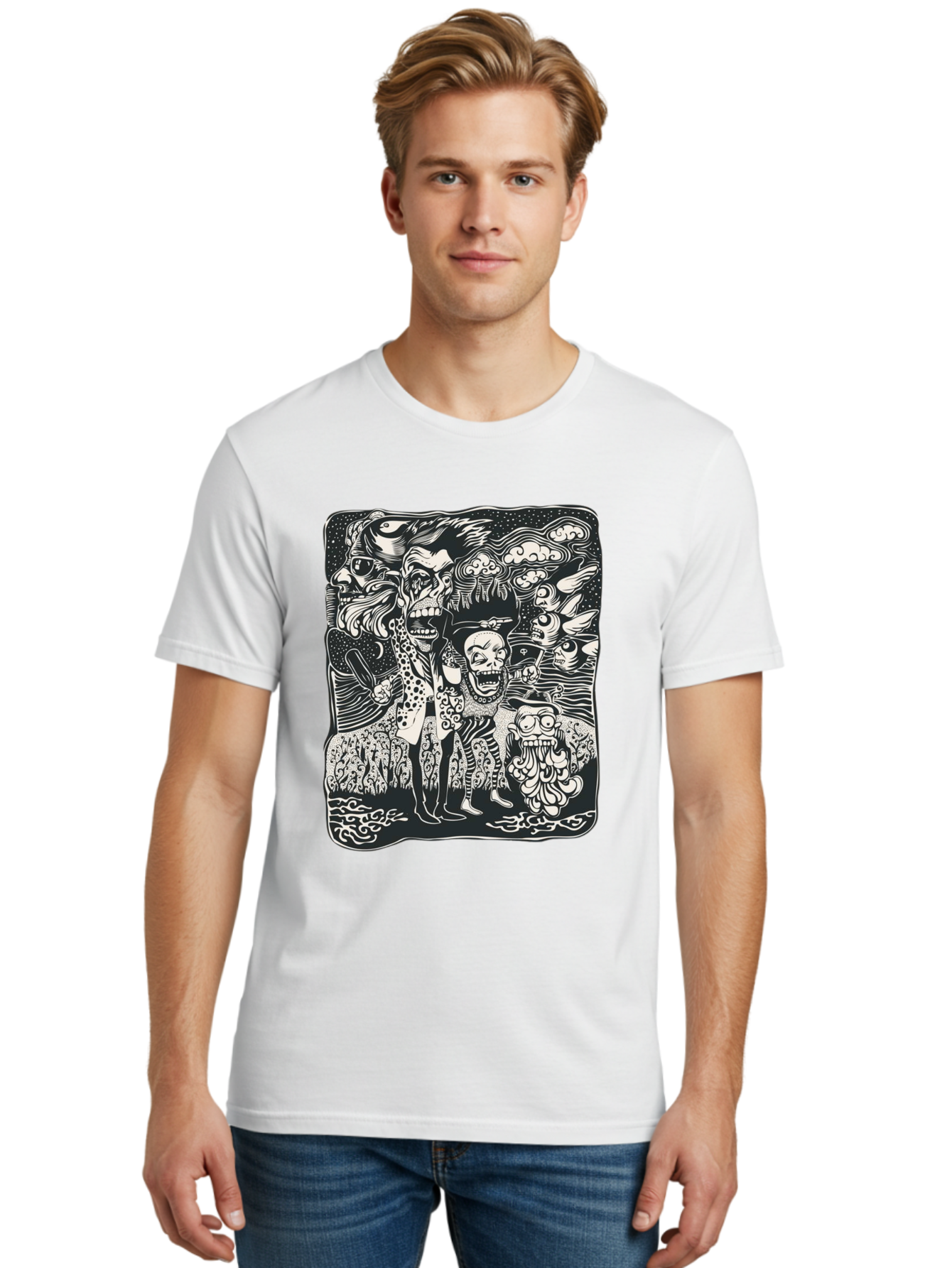Psycho Parade Men'S Graphic Tee, 100% Cotton, Comfortable Casual Summer Wear, Machine Washable, Pirate Skeletons, Skulls, Zombies, Creepy Figures, Pirate Crew, Black And White Illustration, Detailed Artwork, Abstract Background Aae595 22