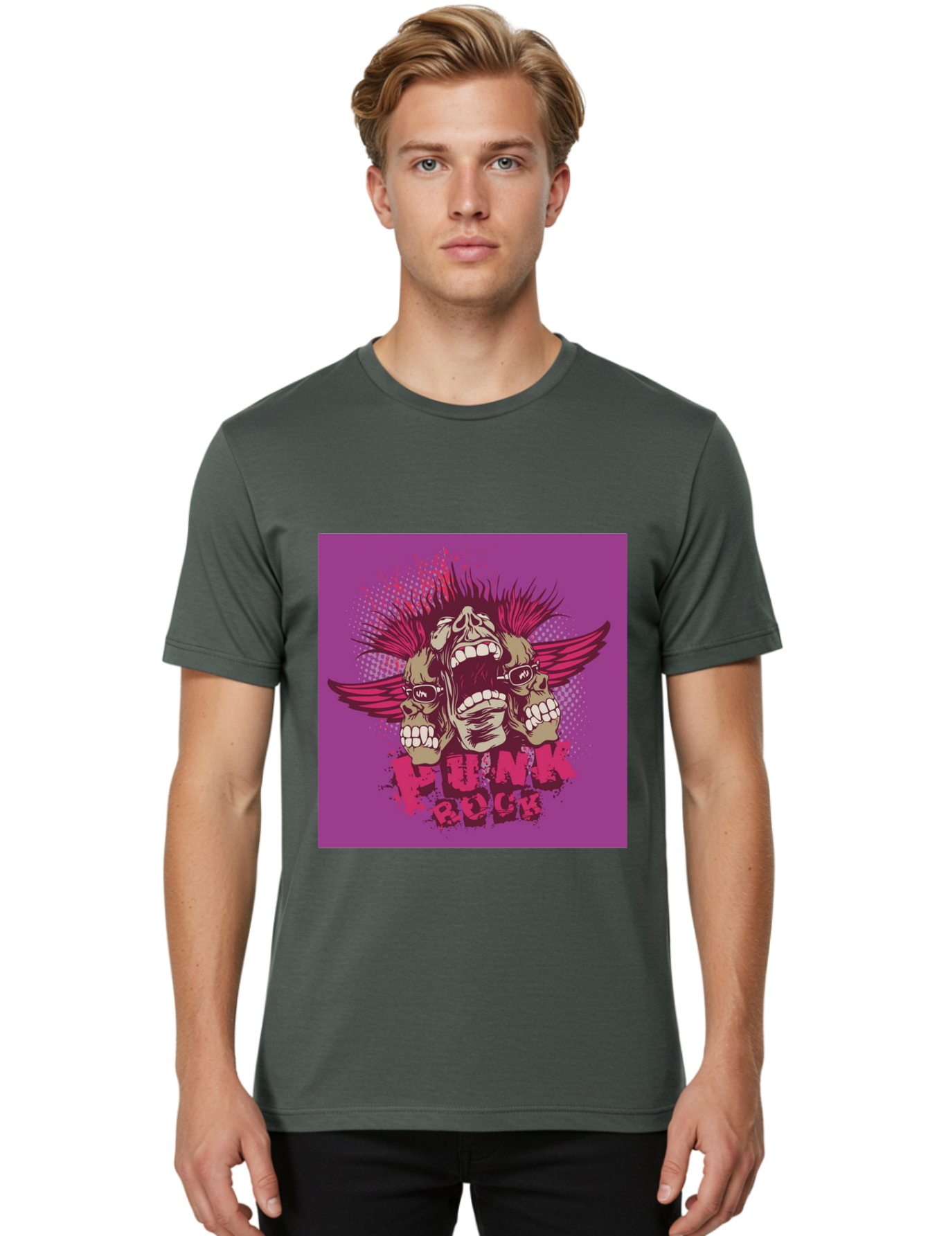 Punk Rock Men'S Graphic Tee, 100% Cotton, Comfortable Casual Summer Wear, Machine Washable, Punk Rock, Screaming Skulls, Mohawk Hair, Punk Style, Grunge Aesthetic, Bold Graphics, Skull Art, Edgy Design, Alternative Culture, Punk Fashion Aae601 12