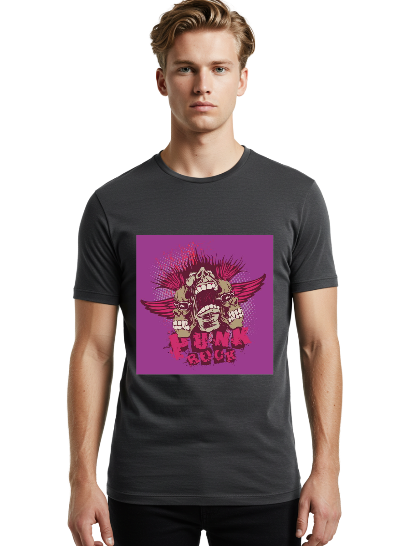 Punk Rock Men'S Graphic Tee, 100% Cotton, Comfortable Casual Summer Wear, Machine Washable, Punk Rock, Screaming Skulls, Mohawk Hair, Punk Style, Grunge Aesthetic, Bold Graphics, Skull Art, Edgy Design, Alternative Culture, Punk Fashion Aae601 30
