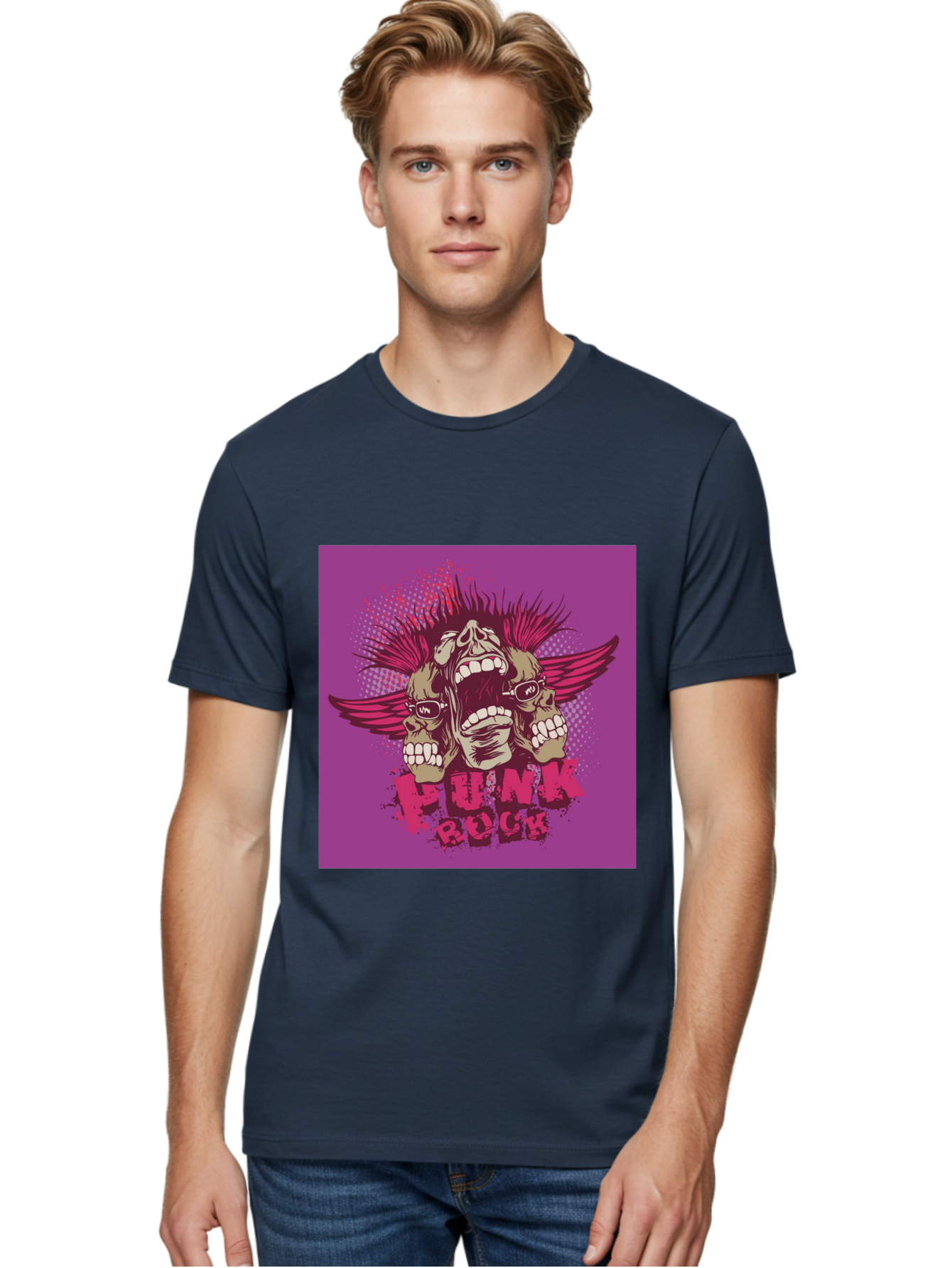 Punk Rock Men'S Graphic Tee, 100% Cotton, Comfortable Casual Summer Wear, Machine Washable, Punk Rock, Screaming Skulls, Mohawk Hair, Punk Style, Grunge Aesthetic, Bold Graphics, Skull Art, Edgy Design, Alternative Culture, Punk Fashion Aae601 8