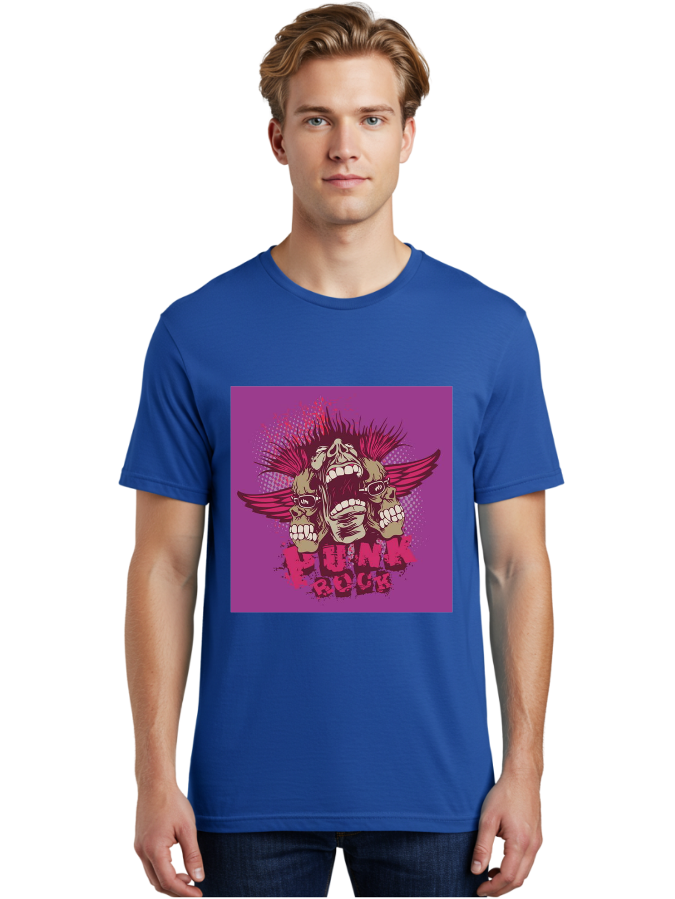 Punk Rock Men'S Graphic Tee, 100% Cotton, Comfortable Casual Summer Wear, Machine Washable, Punk Rock, Screaming Skulls, Mohawk Hair, Punk Style, Grunge Aesthetic, Bold Graphics, Skull Art, Edgy Design, Alternative Culture, Punk Fashion Aae601 24