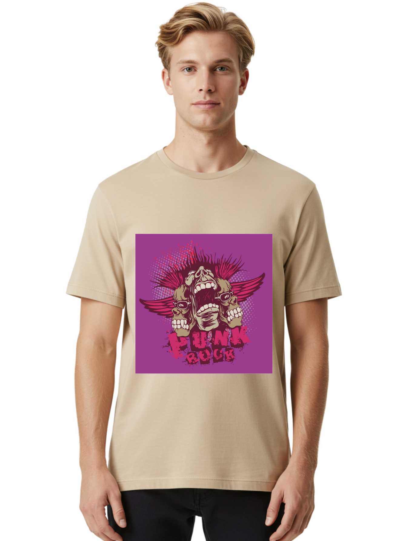 Punk Rock Men'S Graphic Tee, 100% Cotton, Comfortable Casual Summer Wear, Machine Washable, Punk Rock, Screaming Skulls, Mohawk Hair, Punk Style, Grunge Aesthetic, Bold Graphics, Skull Art, Edgy Design, Alternative Culture, Punk Fashion Aae601 28
