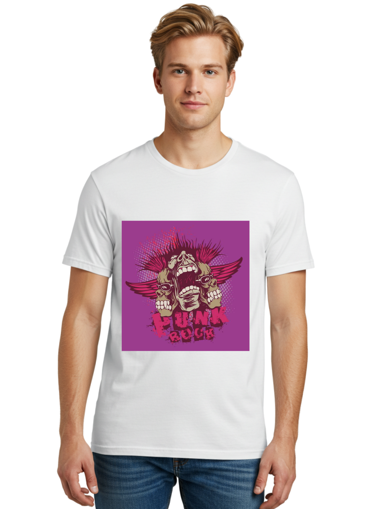 Punk Rock Men'S Graphic Tee, 100% Cotton, Comfortable Casual Summer Wear, Machine Washable, Punk Rock, Screaming Skulls, Mohawk Hair, Punk Style, Grunge Aesthetic, Bold Graphics, Skull Art, Edgy Design, Alternative Culture, Punk Fashion Aae601 26