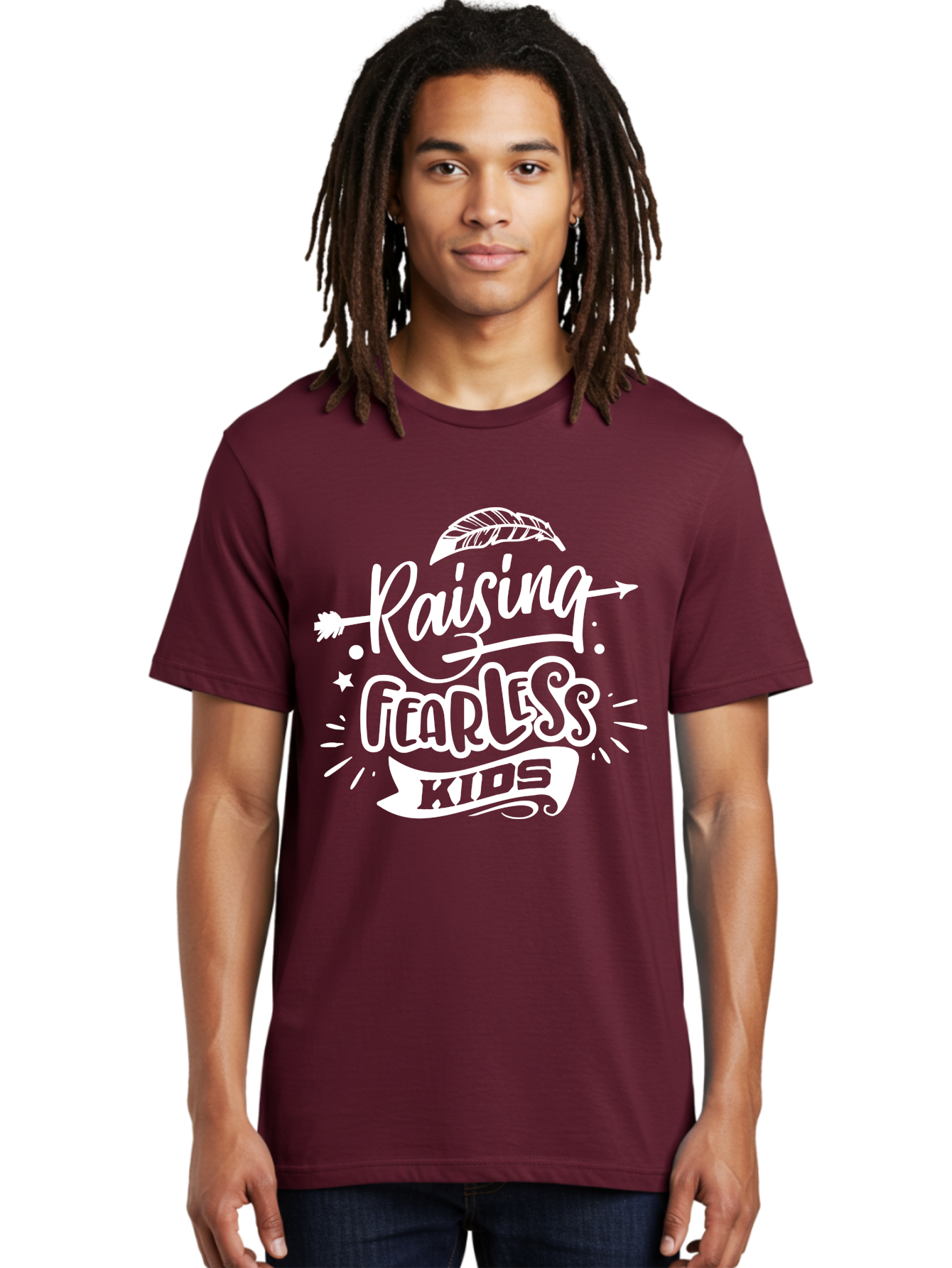 Raising Fearless Kids White Men'S Graphic Tee, 100% Cotton, Comfortable Casual Summer Wear, Machine Washable, Raising Fearless Kids, Motivational Quotes, Inspirational Phrases, Parenting Tips, Bold Font, Arrow Graphics, Feather Illustrations, Aae607 22