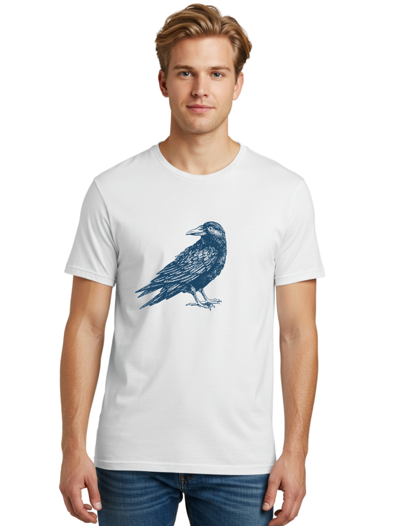 Raven Standing Men'S Graphic Tee, 100% Cotton, Comfortable Casual Summer Wear, Machine Washable, Raven Illustration, Dark Blue Crow, Mysterious Bird, Gothic Animal, Bird Silhouette, Wildlife Art, Symbolic Creature, Sharp Beak Aae609 30