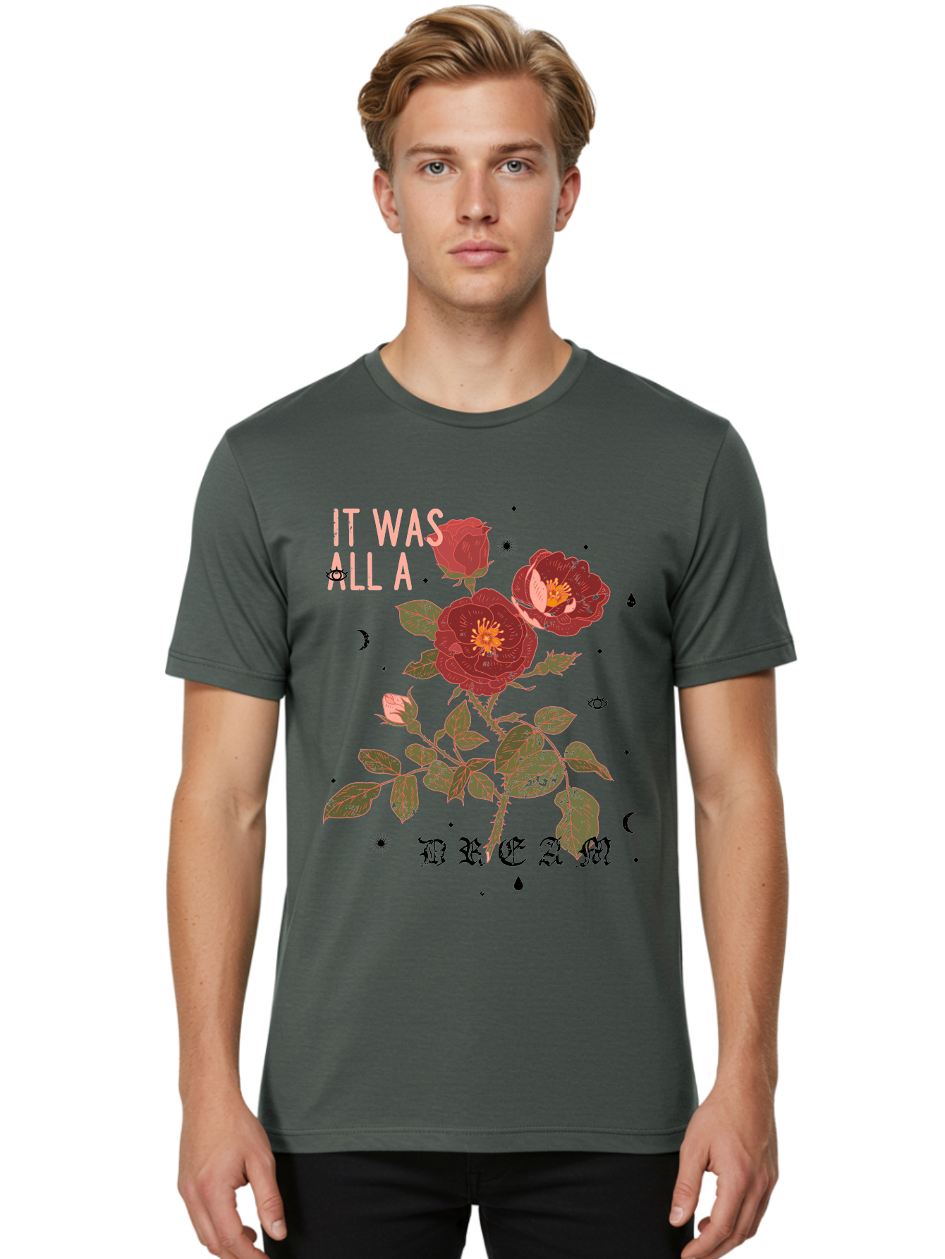 Rose -Men Men'S Graphic Tee, 100% Cotton, Comfortable Casual Summer Wear, Machine Washable, Red Roses, Vintage Illustration, Floral Design, Dreamy Atmosphere, Symbolic Imagery, Retro Aesthetic, Mystical Vibes, Gothic Typography Aae619 26