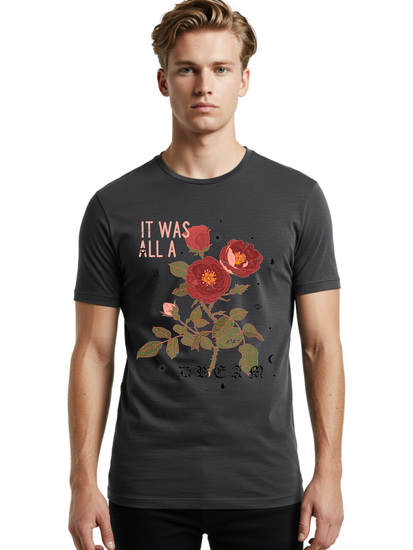 Rose -Men Men'S Graphic Tee, 100% Cotton, Comfortable Casual Summer Wear, Machine Washable, Red Roses, Vintage Illustration, Floral Design, Dreamy Atmosphere, Symbolic Imagery, Retro Aesthetic, Mystical Vibes, Gothic Typography Aae619 28