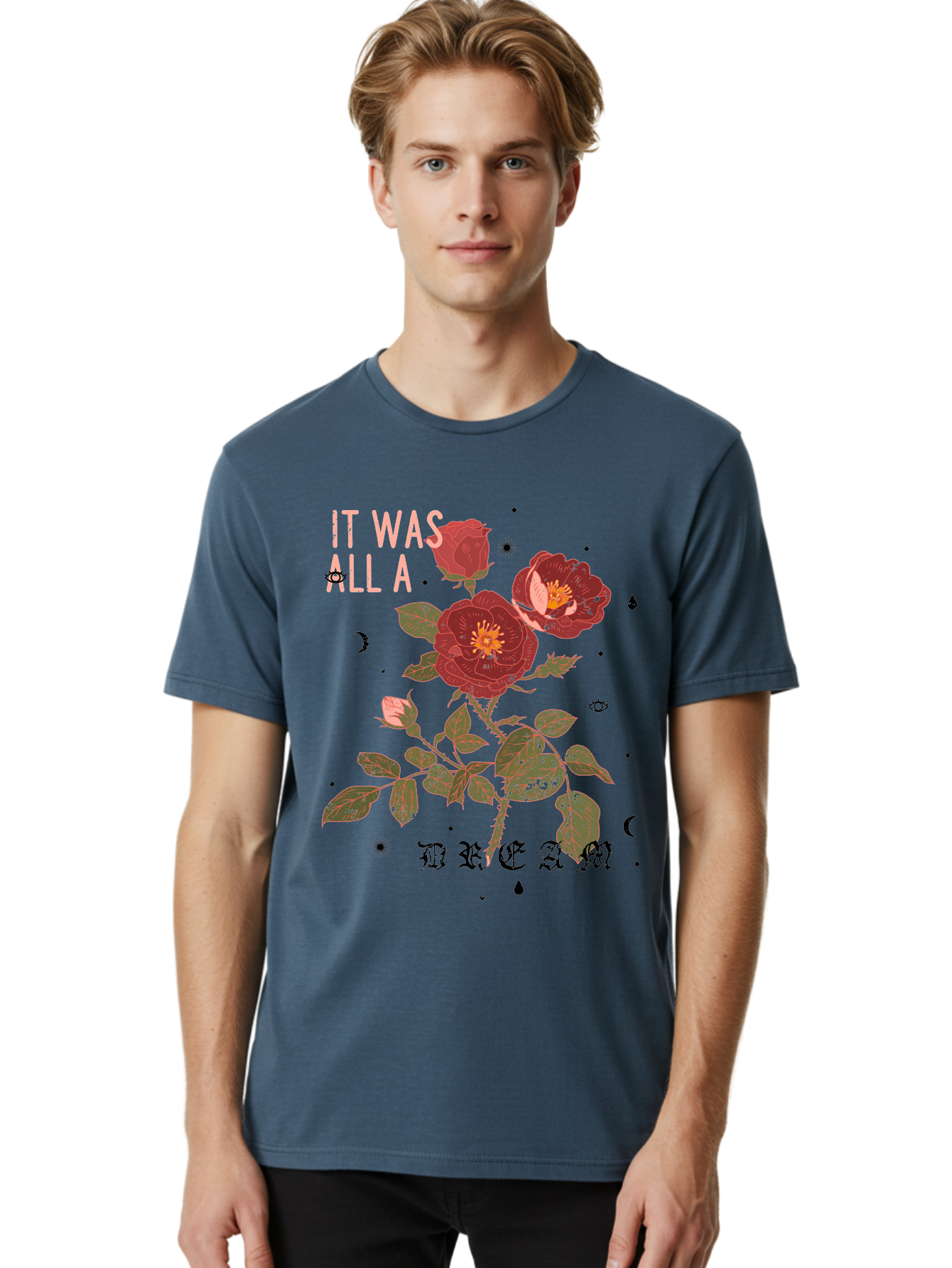 Rose -Men Men'S Graphic Tee, 100% Cotton, Comfortable Casual Summer Wear, Machine Washable, Red Roses, Vintage Illustration, Floral Design, Dreamy Atmosphere, Symbolic Imagery, Retro Aesthetic, Mystical Vibes, Gothic Typography Aae619 30