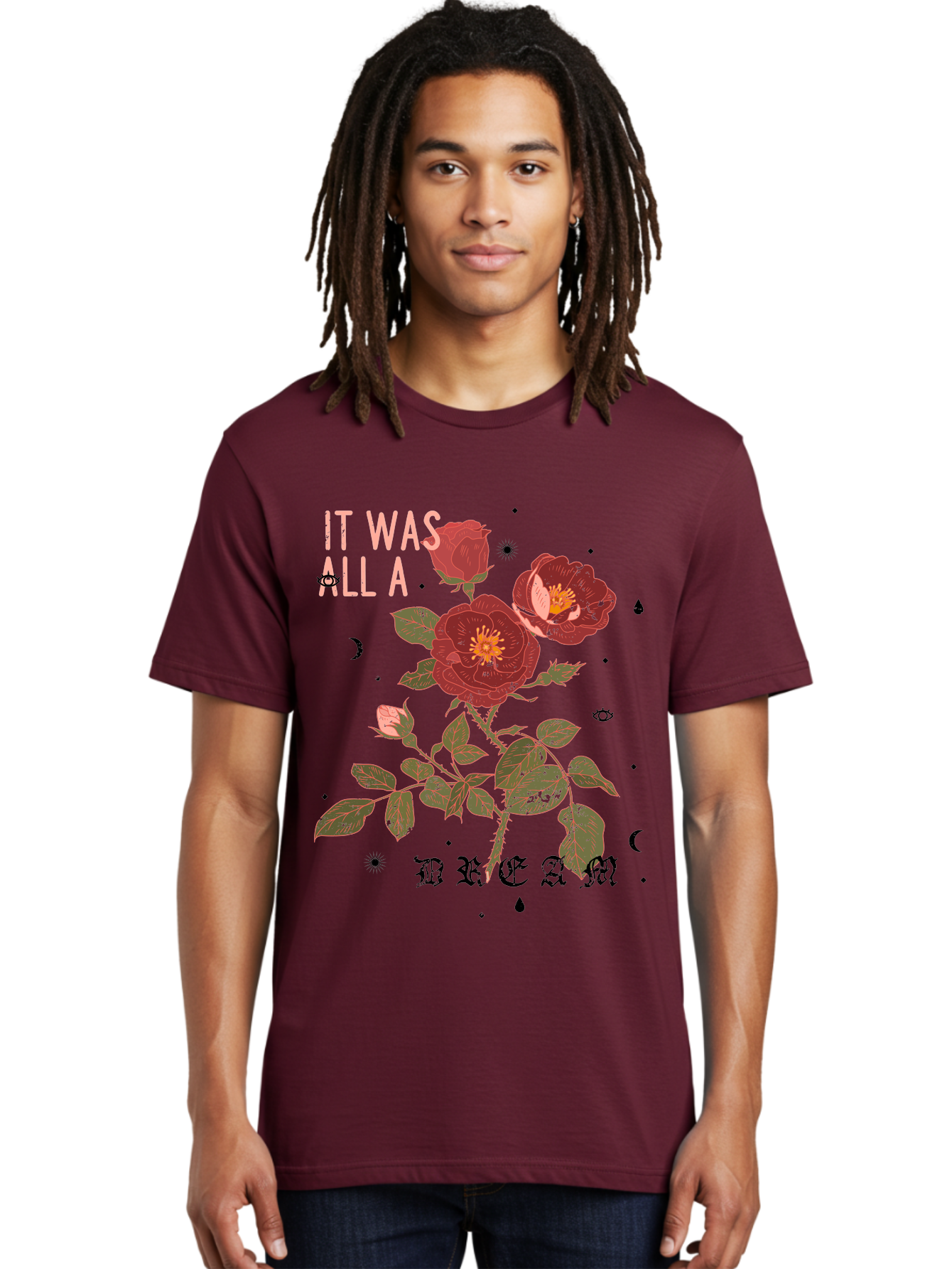 Rose -Men Men'S Graphic Tee, 100% Cotton, Comfortable Casual Summer Wear, Machine Washable, Red Roses, Vintage Illustration, Floral Design, Dreamy Atmosphere, Symbolic Imagery, Retro Aesthetic, Mystical Vibes, Gothic Typography Aae619 14