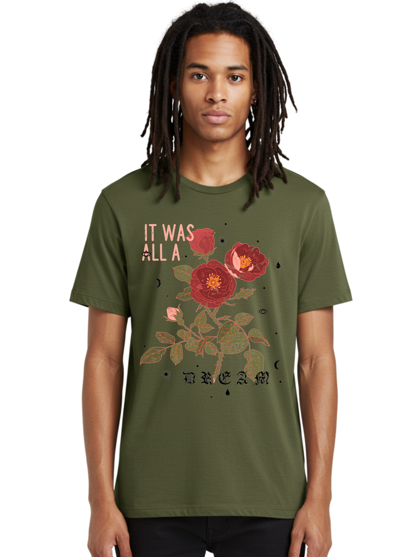 Rose -Men Men'S Graphic Tee, 100% Cotton, Comfortable Casual Summer Wear, Machine Washable, Red Roses, Vintage Illustration, Floral Design, Dreamy Atmosphere, Symbolic Imagery, Retro Aesthetic, Mystical Vibes, Gothic Typography Aae619 4