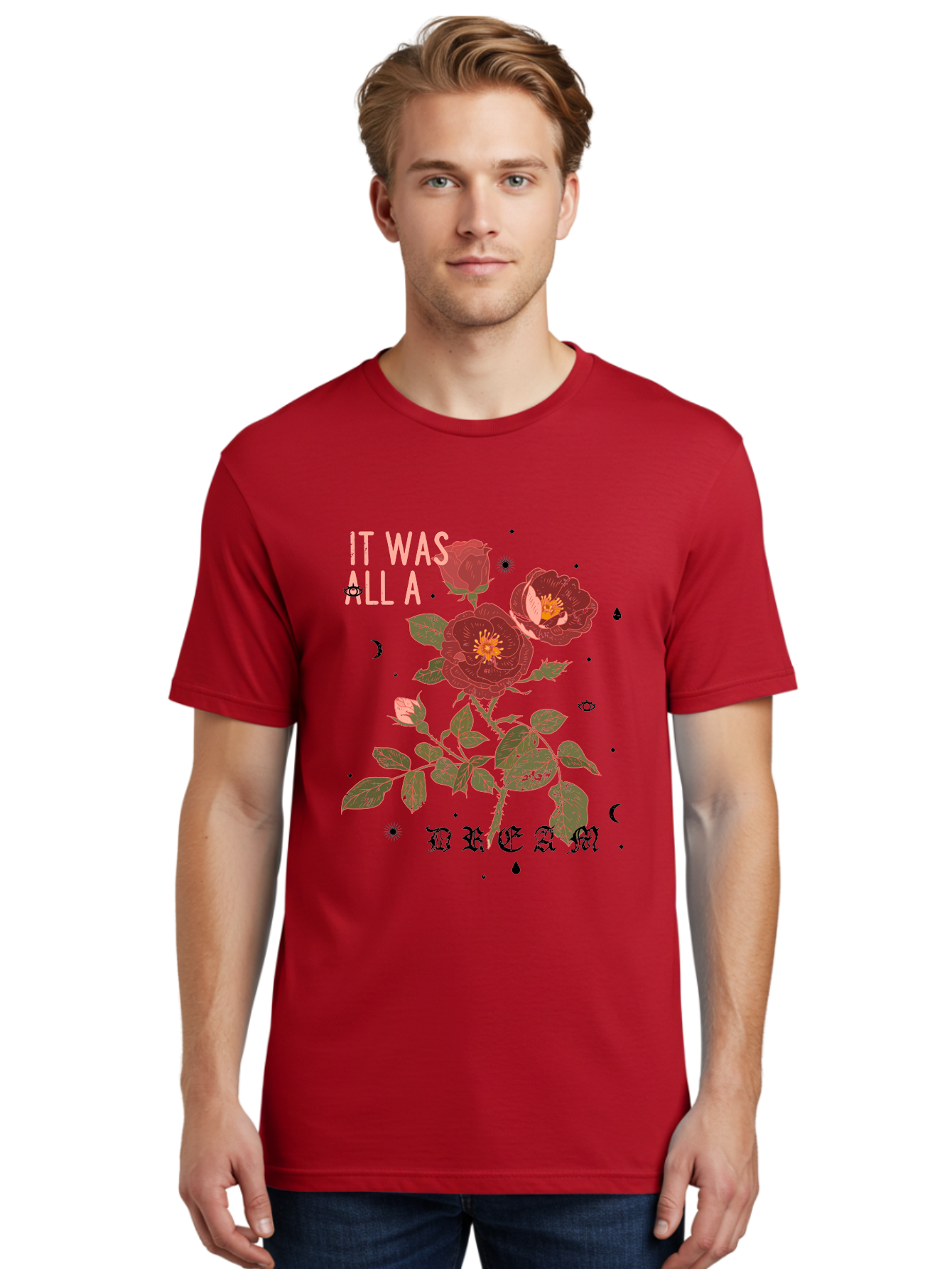 Rose -Men Men'S Graphic Tee, 100% Cotton, Comfortable Casual Summer Wear, Machine Washable, Red Roses, Vintage Illustration, Floral Design, Dreamy Atmosphere, Symbolic Imagery, Retro Aesthetic, Mystical Vibes, Gothic Typography Aae619 16