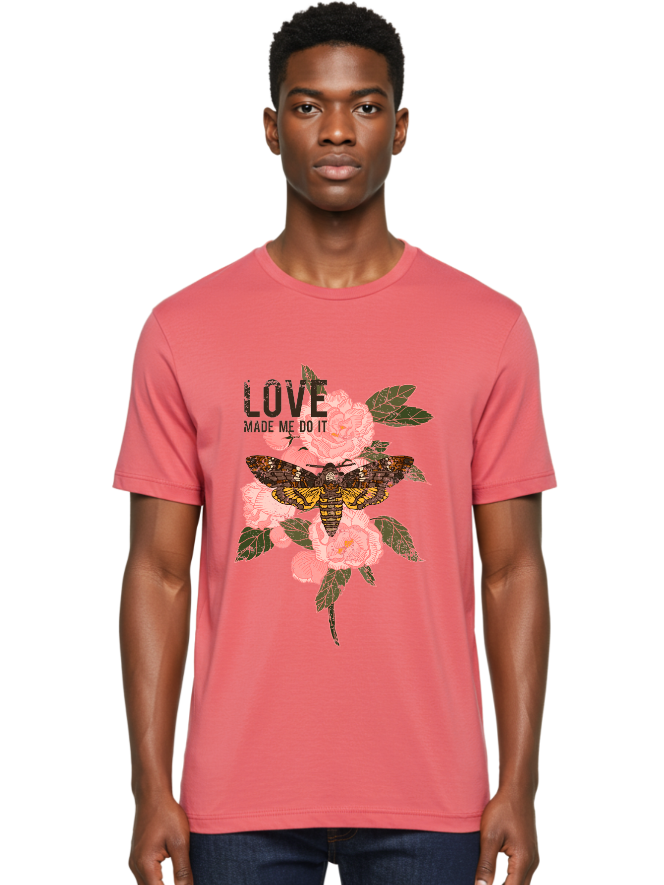Rose Butterfly -Men Men'S Graphic Tee, 100% Cotton, Comfortable Casual Summer Wear, Machine Washable, Moth On Flowers, Pink Roses, Green Leaves, Love Made Me Do It Quote, Grunge Style, Vintage Aesthetic, Insect Art, Floral Design, Dark Colors, Aae620 26
