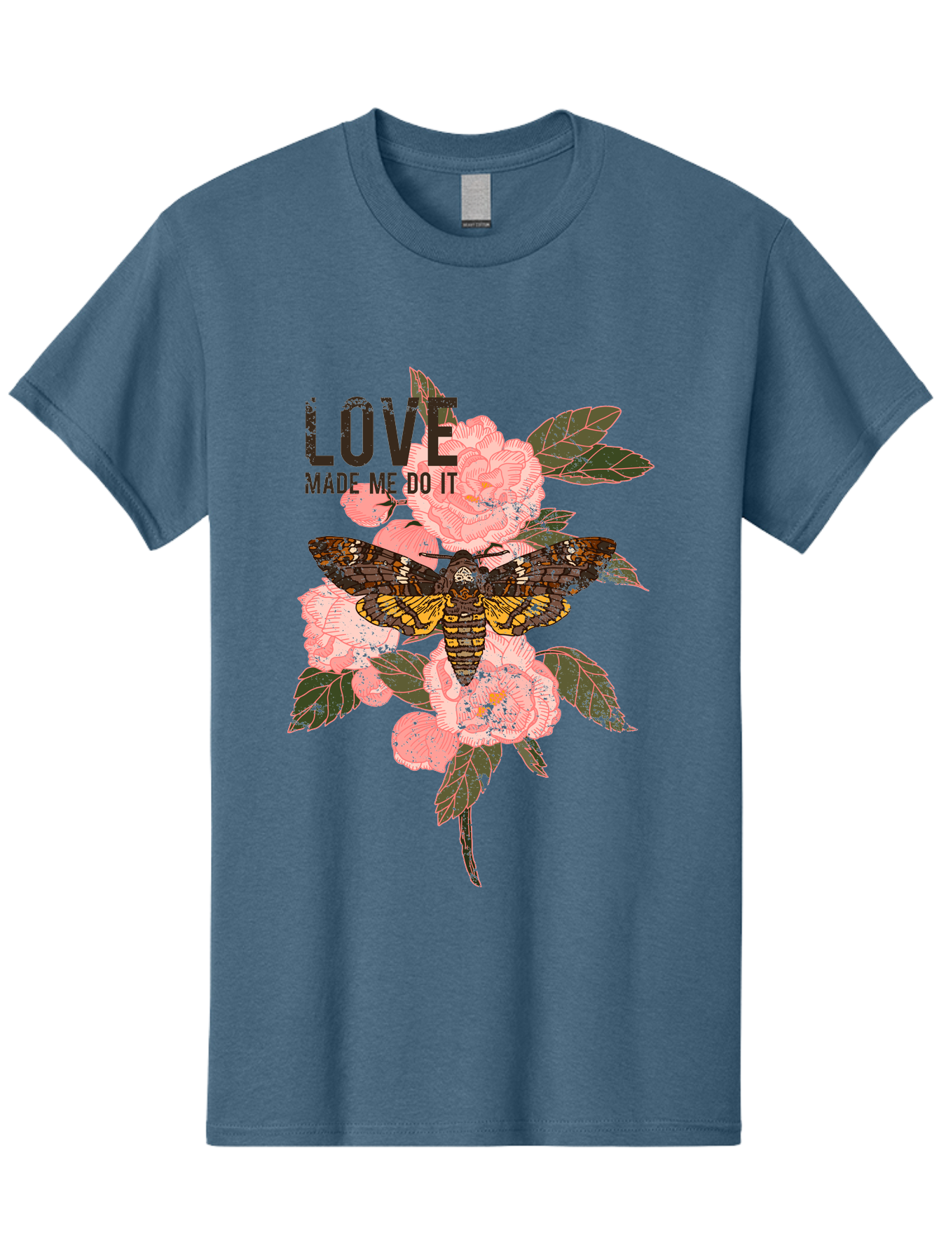 Rose Butterfly -Men Men'S Graphic Tee, 100% Cotton, Comfortable Casual Summer Wear, Machine Washable, Moth On Flowers, Pink Roses, Green Leaves, Love Made Me Do It Quote, Grunge Style, Vintage Aesthetic, Insect Art, Floral Design, Dark Colors, Aae620 7