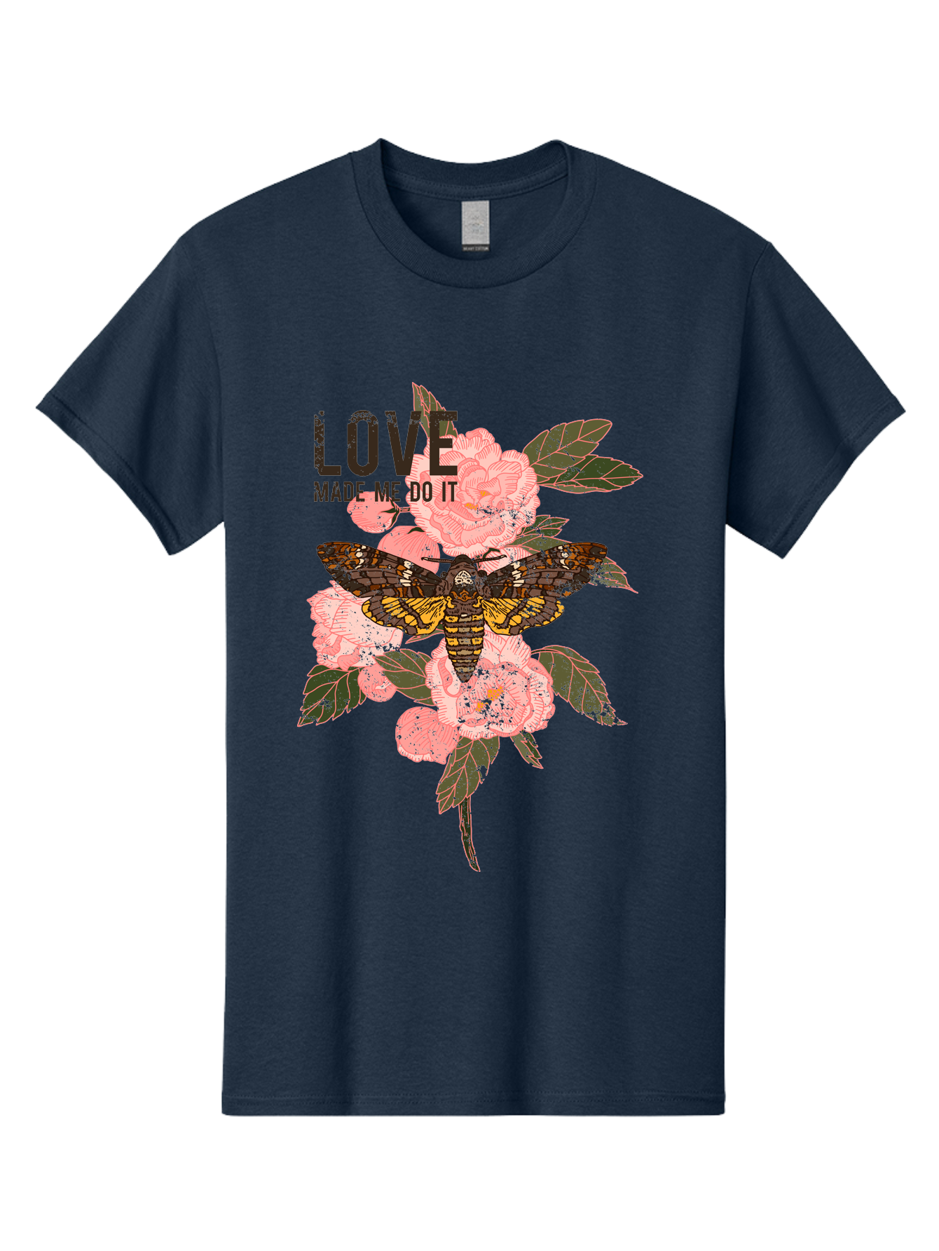 Rose Butterfly -Men Men'S Graphic Tee, 100% Cotton, Comfortable Casual Summer Wear, Machine Washable, Moth On Flowers, Pink Roses, Green Leaves, Love Made Me Do It Quote, Grunge Style, Vintage Aesthetic, Insect Art, Floral Design, Dark Colors, Aae620 19