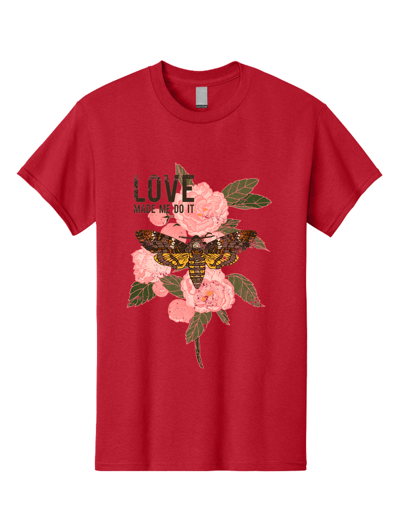 Rose Butterfly -Men Men'S Graphic Tee, 100% Cotton, Comfortable Casual Summer Wear, Machine Washable, Moth On Flowers, Pink Roses, Green Leaves, Love Made Me Do It Quote, Grunge Style, Vintage Aesthetic, Insect Art, Floral Design, Dark Colors, Aae620 1